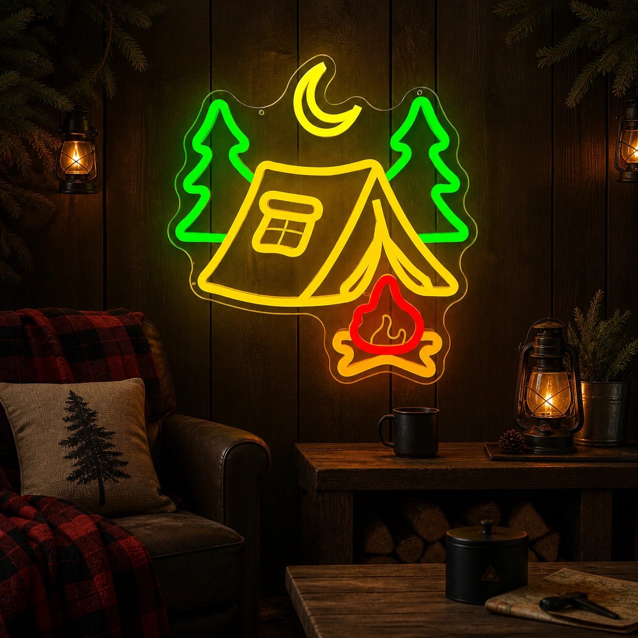 Tent Pine Trees Crescent Moon Campfire Vintage LED Neon Sign - Shineneon