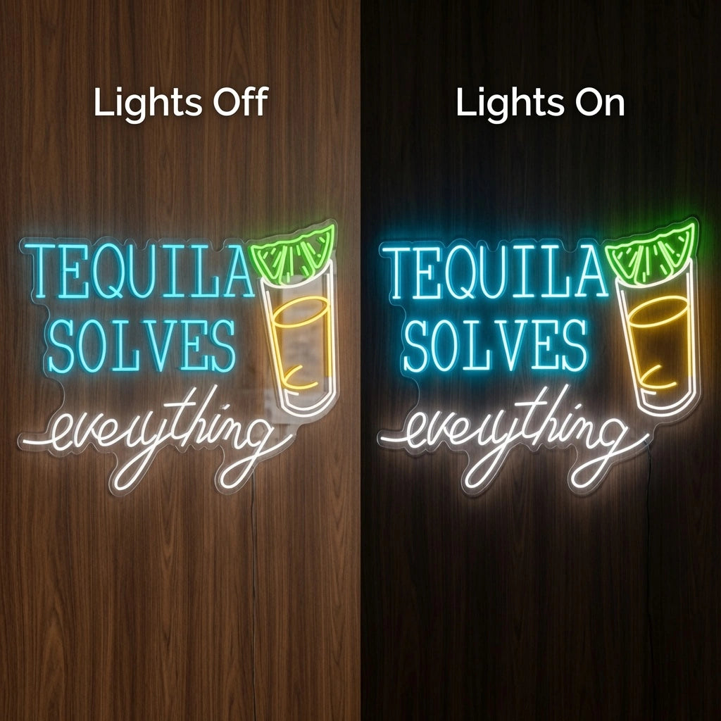 Tequila Solves Everything LED Neon Sign - 06 Day Night Comparison