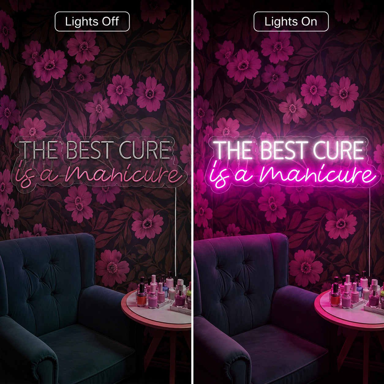 The Best Cure Is A Manicure LED Neon Sign Home Wall Art - 06 Day Night Comparison