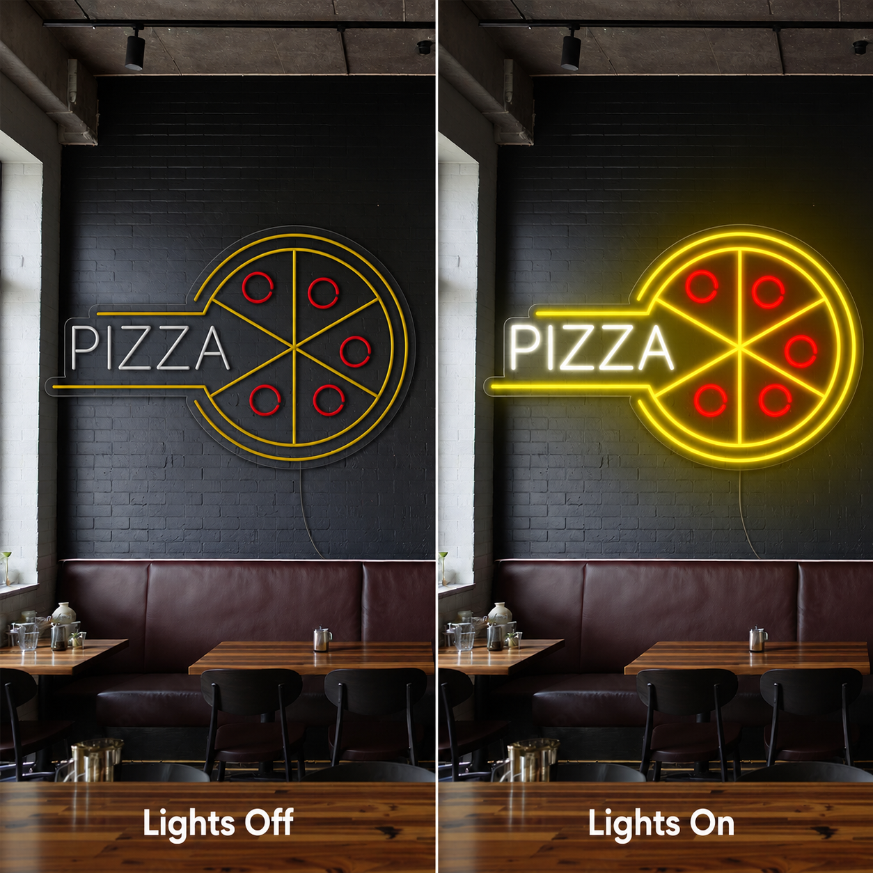 The For Pizza LED Neon Sign - 06 Day Night Comparison
