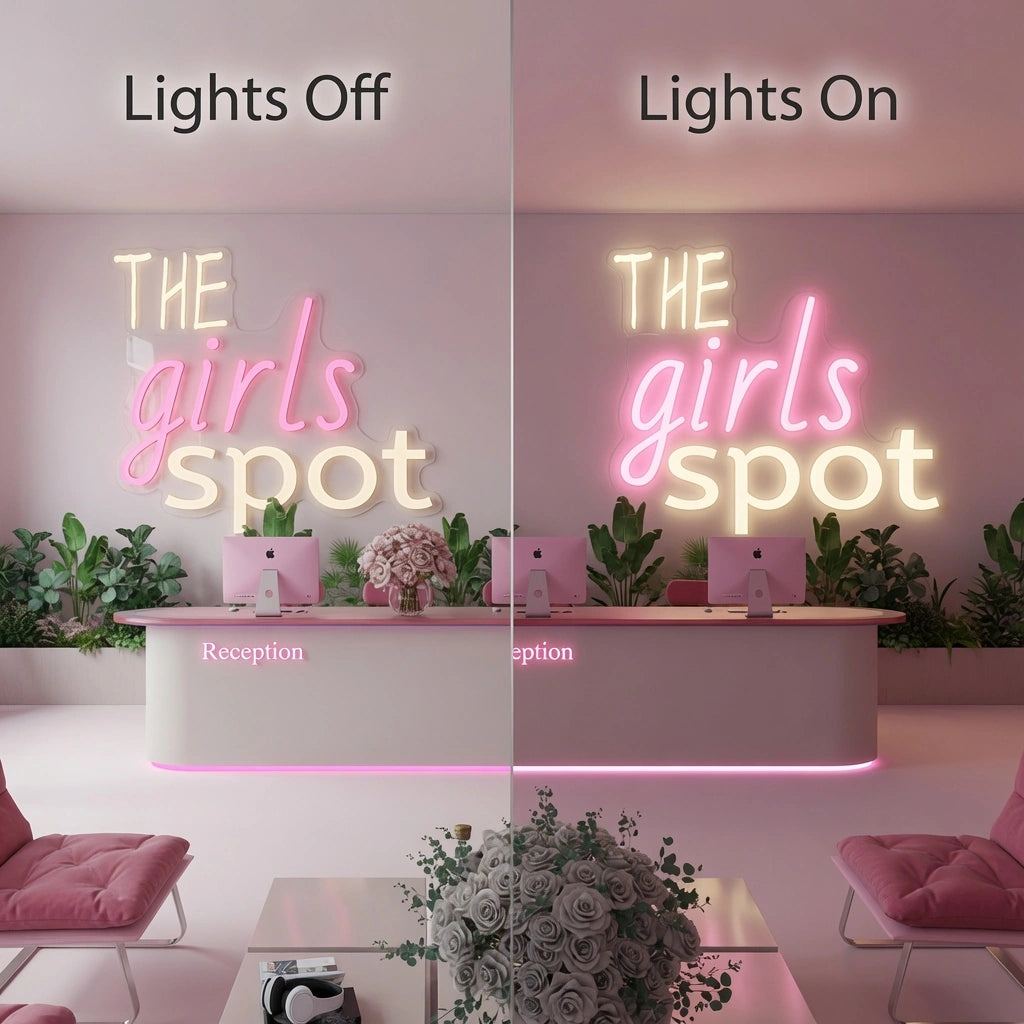 The Girls Spot LED Neon Sign - 06 Day Night Comparison
