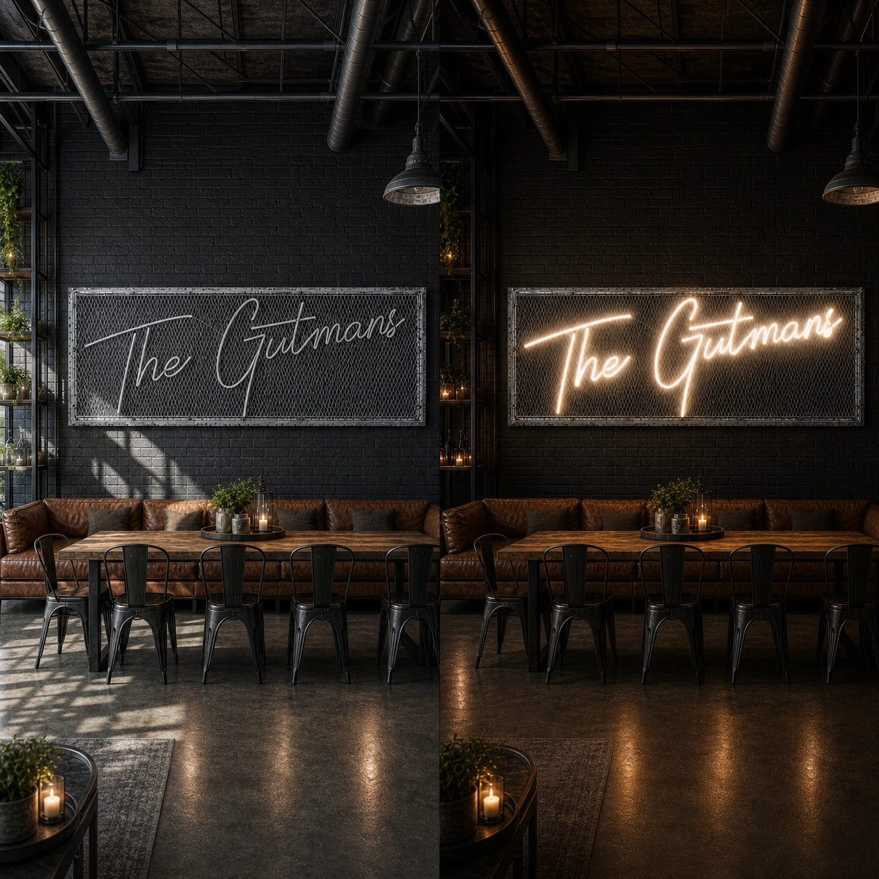 The Gutman S LED Neon Sign day and night comparison