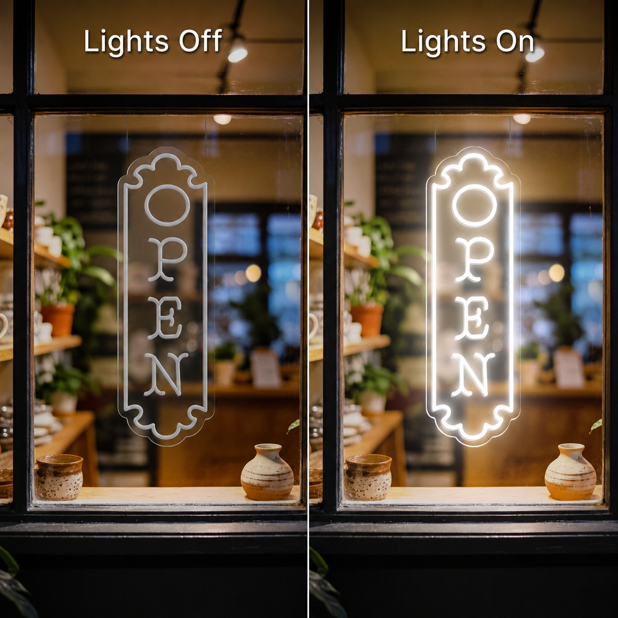 The Open Is Lit LED Neon Sign - 06 Day Night Comparison