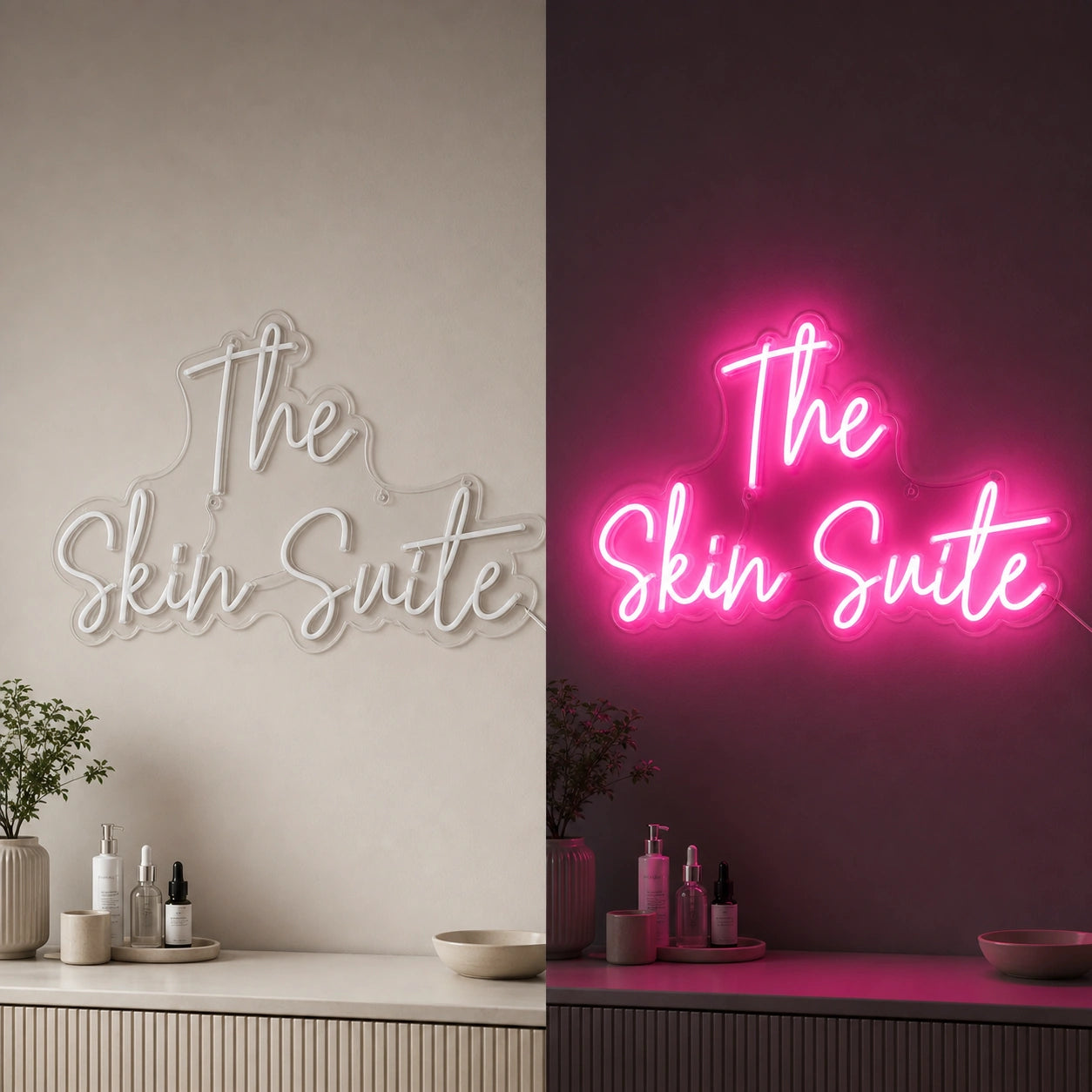 The Skin Suite LED Neon Sign day and night comparison