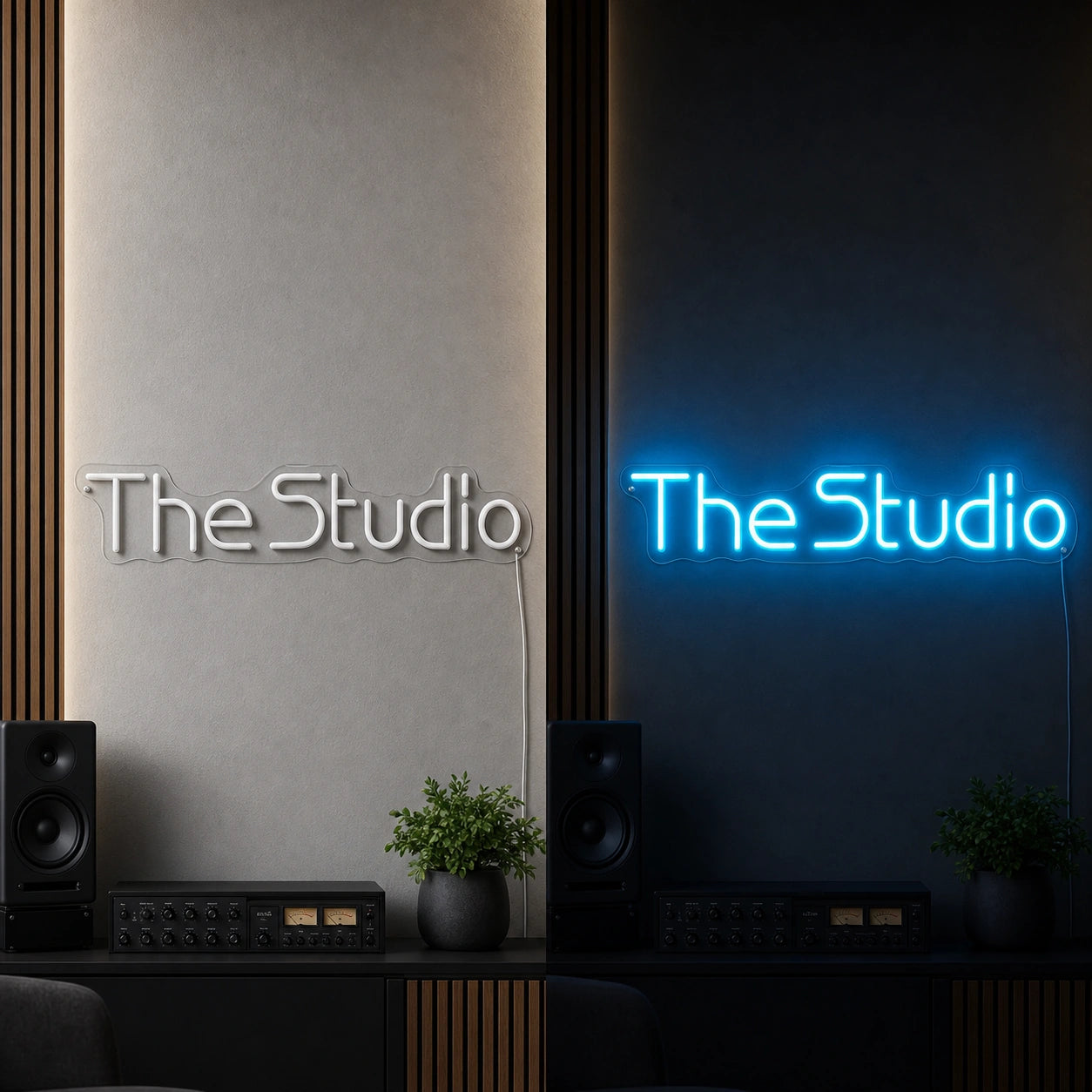The Studio Wall Decor LED Neon Sign day and night comparison