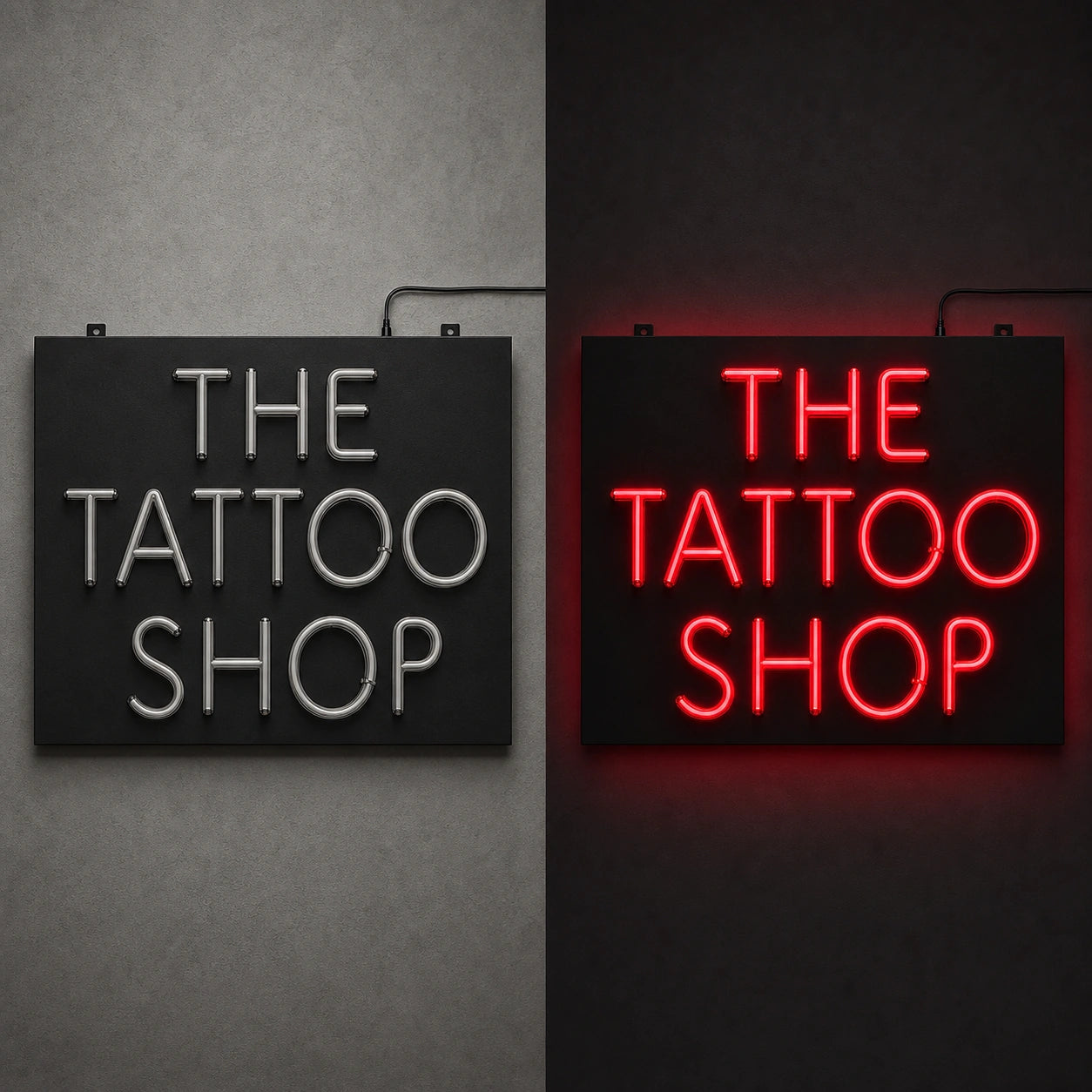 The Tattoo Shop LED Neon Sign day and night comparison