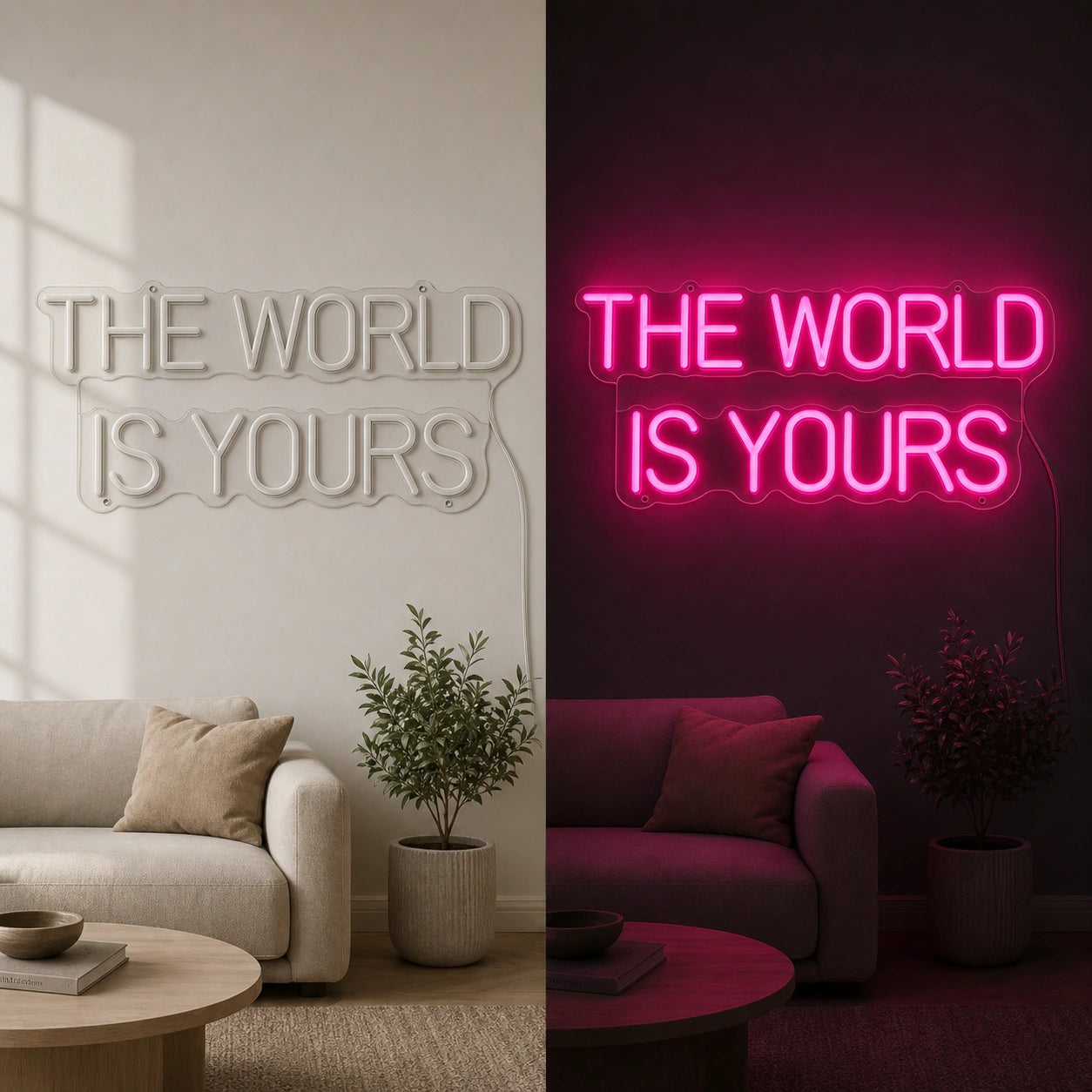 The World Is Yours Wall Decor LED Neon Sign day and night comparison
