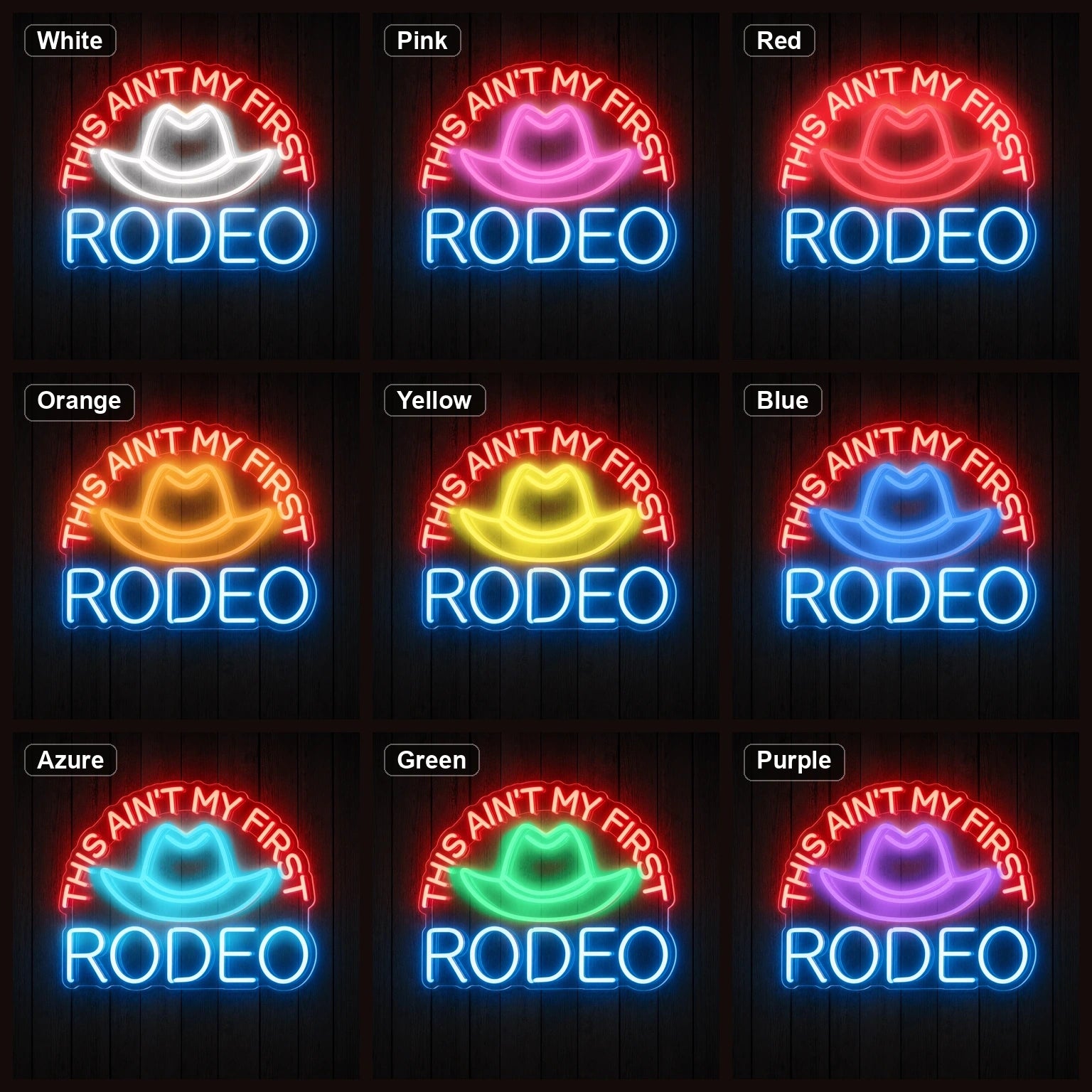 This Aint My First Rodeo Cowboy Hat LED Neon Sign color grid