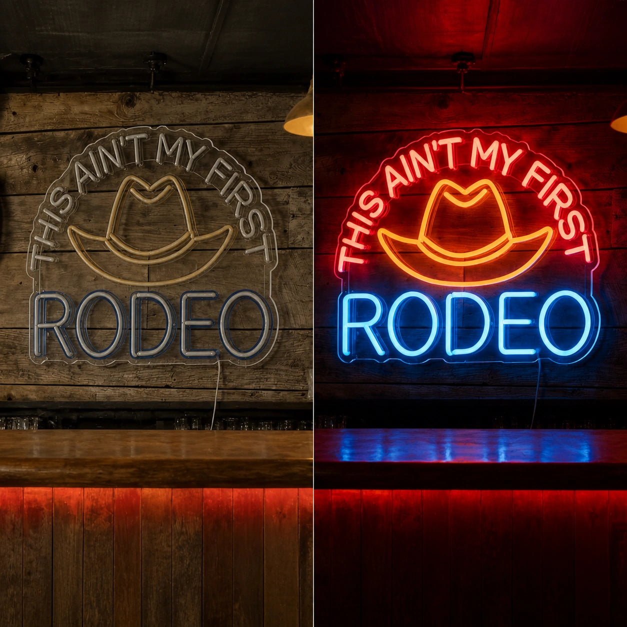This Aint My First Rodeo Cowboy Hat Vintage LED Neon Sign day and night comparison