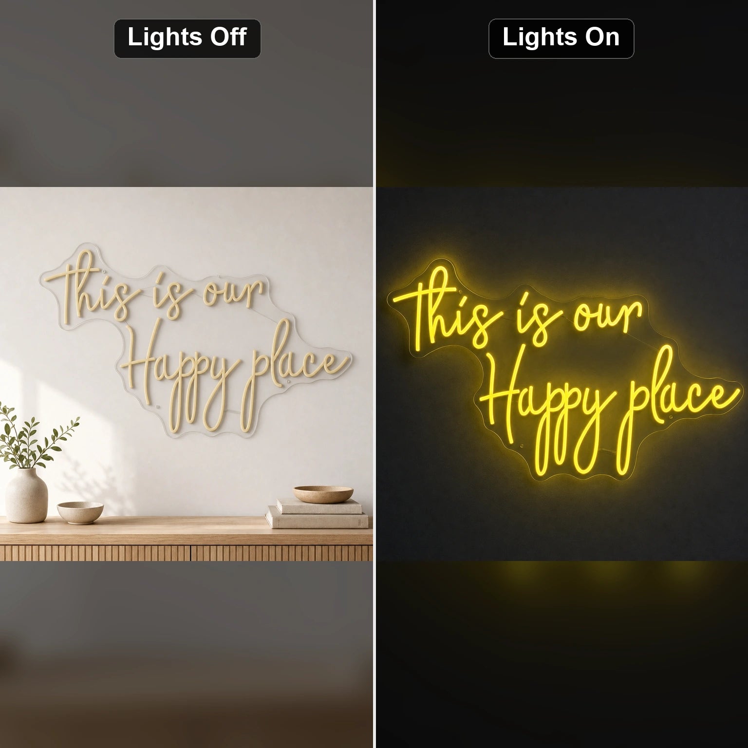 This Is Our Happy Place Man Cave LED Neon Sign day and night comparison