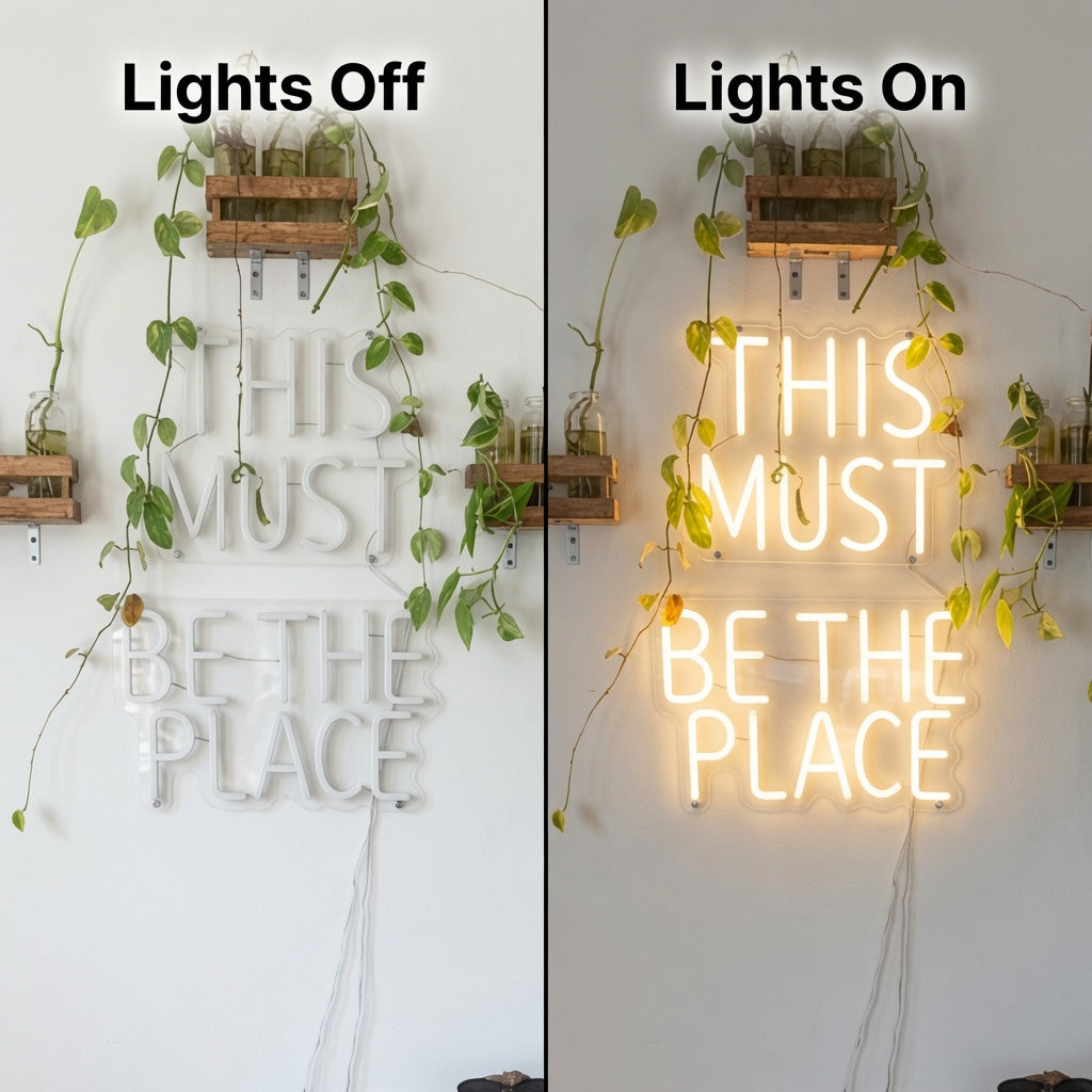 This Must Be The Place Text Wall Light LED Neon Sign - 06 Day Night Comparison
