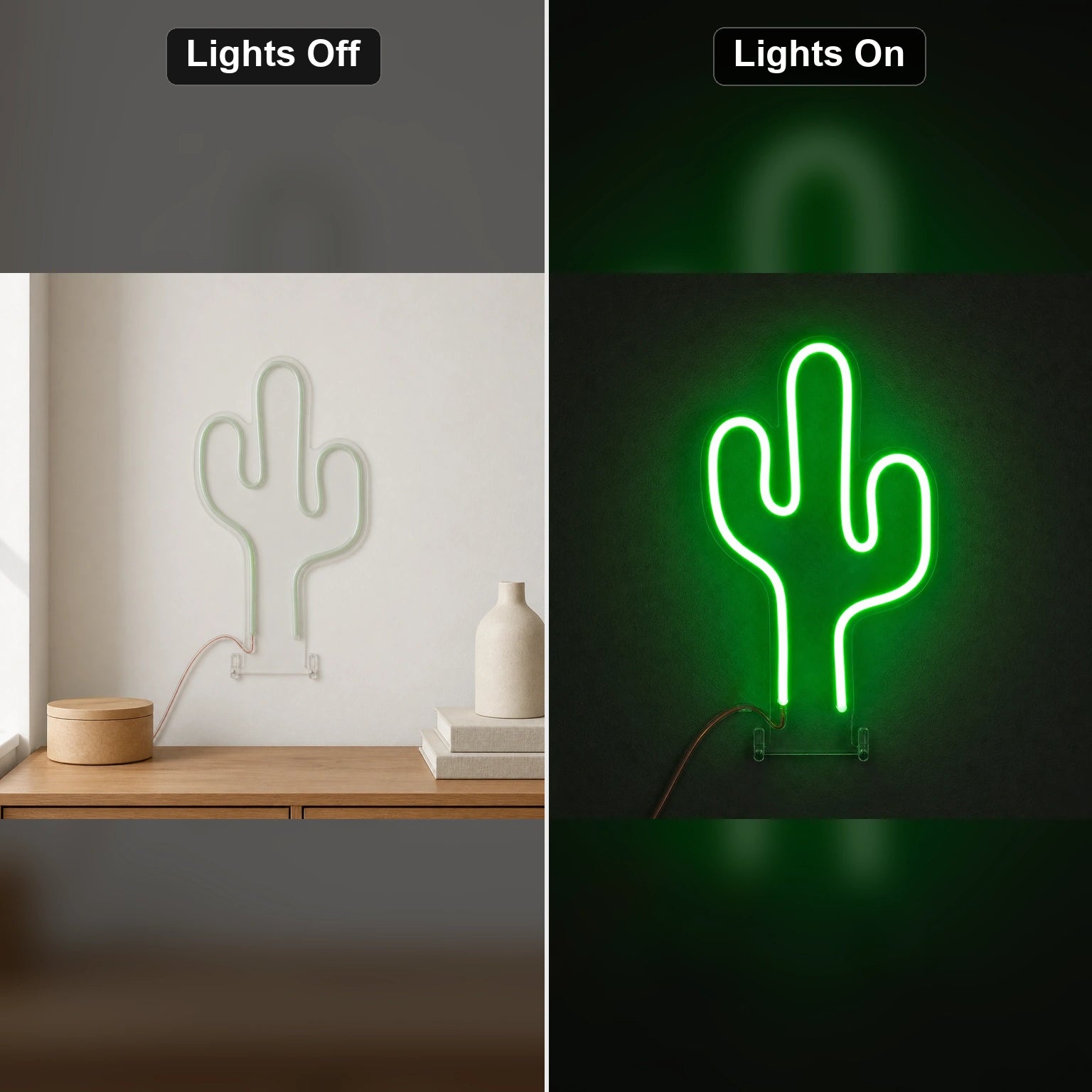 Three Arm Saguaro Cactus LED Neon Sign day and night comparison