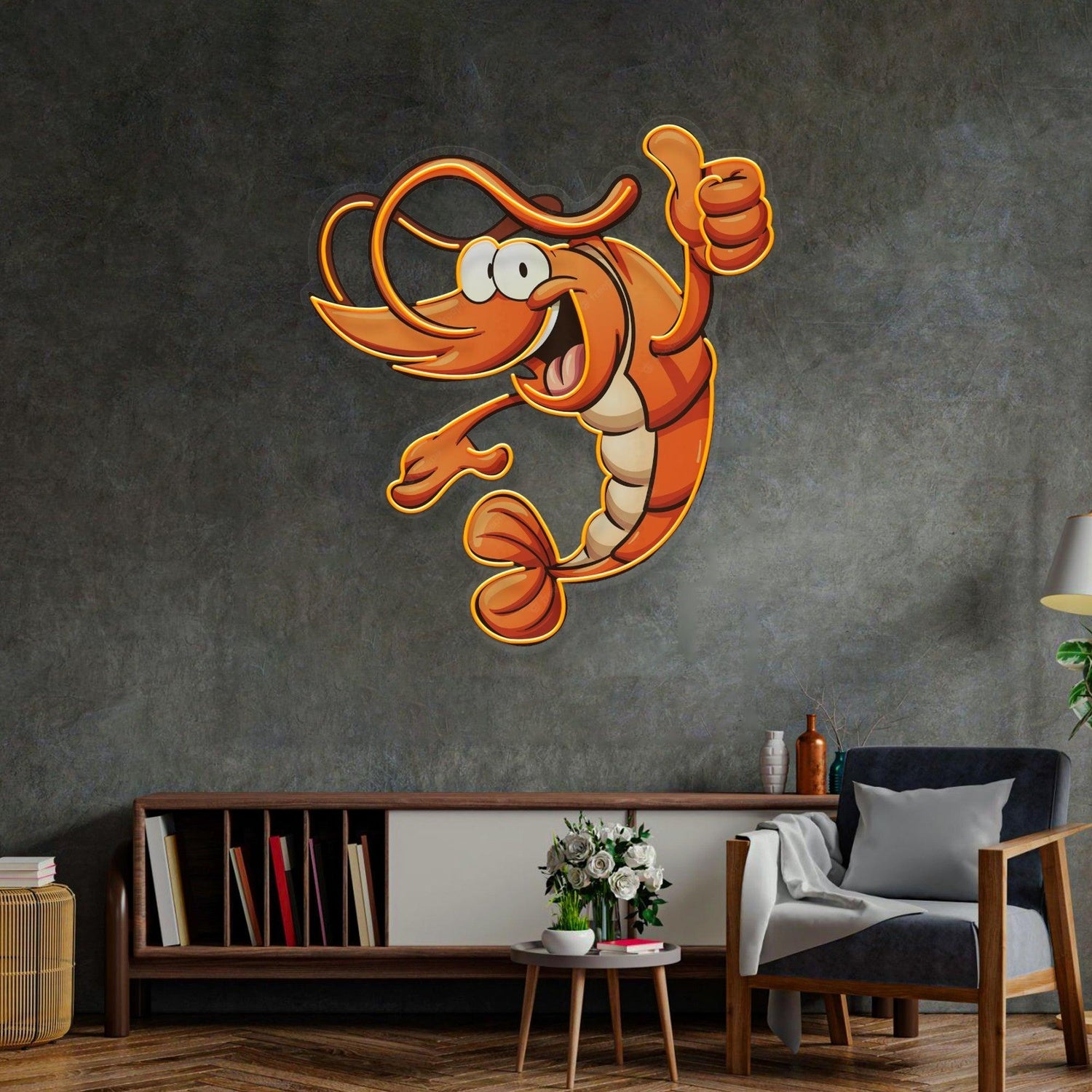 Thumps-Up Shrimp Glowing Uv Printed Led Neon Sign For Seafood Bar Decor | Shineneon