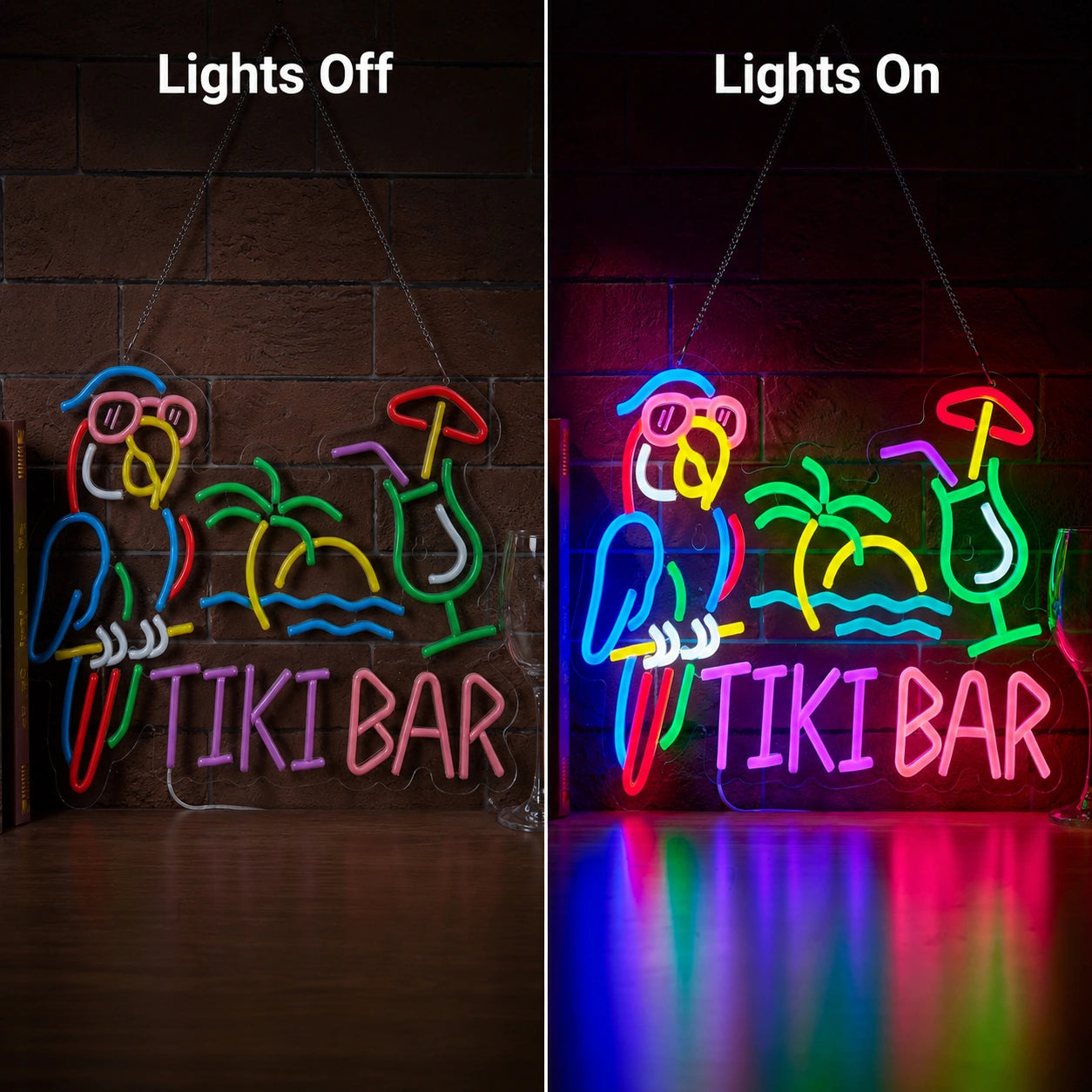 Tiki Bar Parrot Neon Sign Wall Art LED Neon Sign day and night comparison