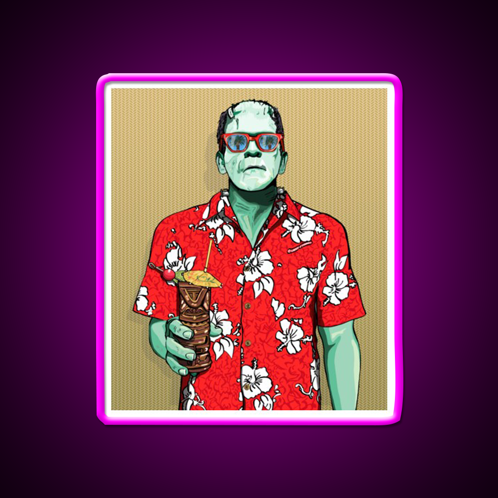 Tiki Frankenstein With Thatch Cocktail Bar Decor Led Neon Sign Rgb Color - Neon sign mounted on wall in room