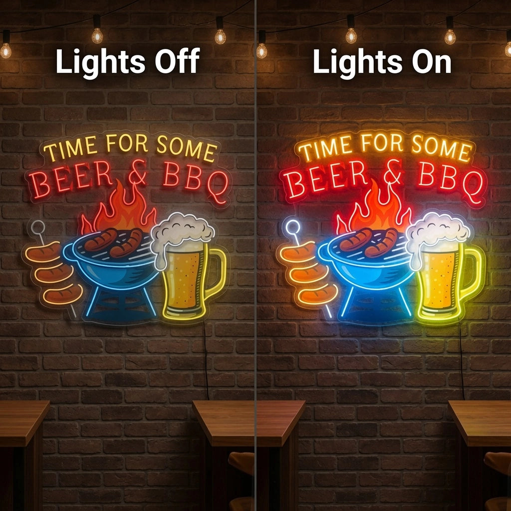 Time For Some Beer And Bbq Wall Decor LED Neon Sign - 06 Day Night Comparison