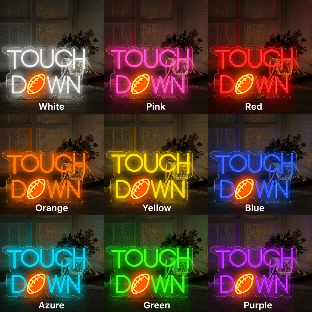 Touch Down Football LED Neon Sign day and night comparison