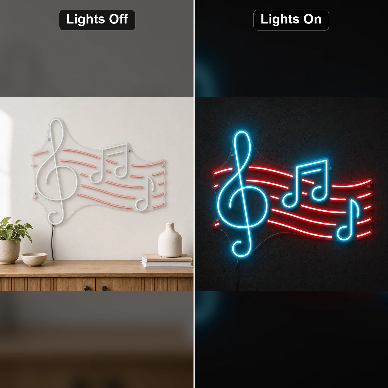 Treble Clef And Music Notes LED Neon Sign day and night comparison