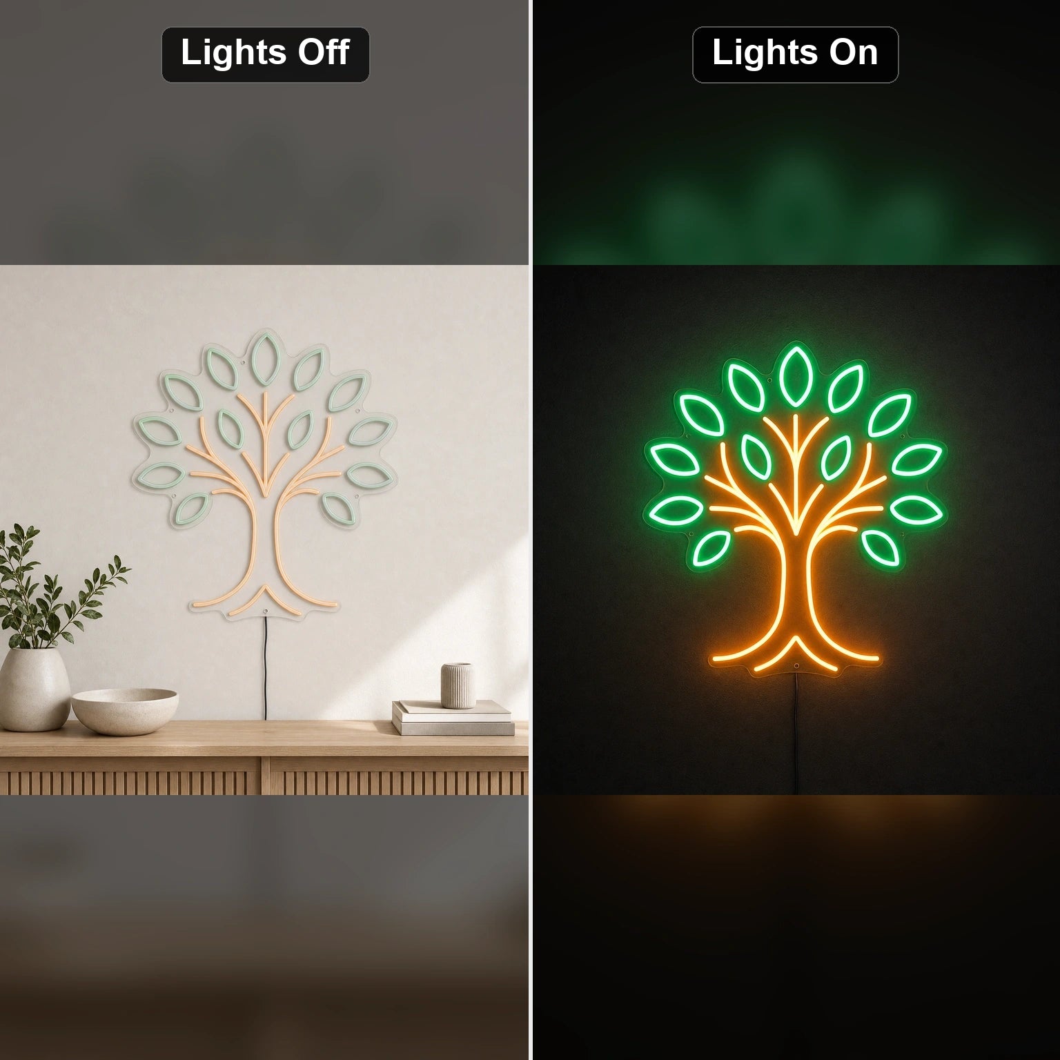 Tree Of Life LED Neon Sign day and night comparison