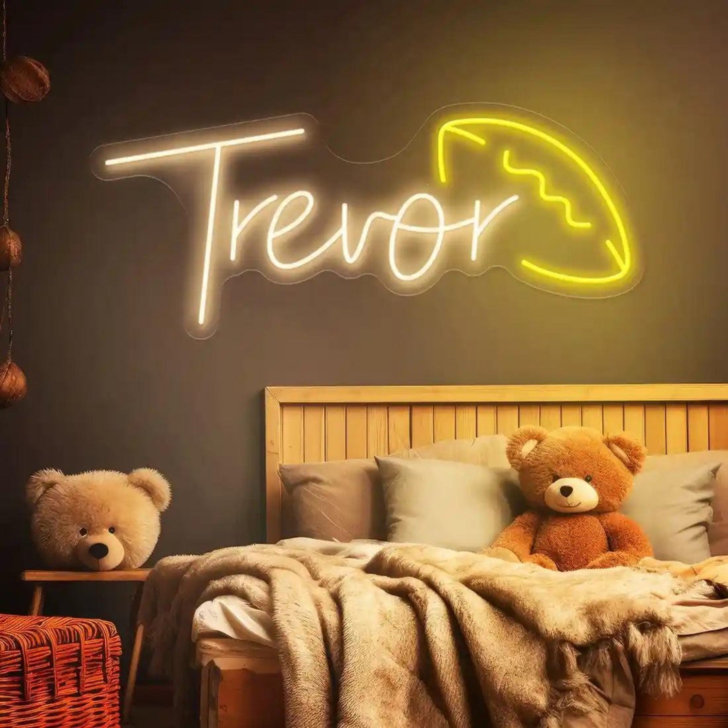 Trevor Name White Yellow Led Neon Sign With Leaf Design For Bedroom Decor | Shineneon