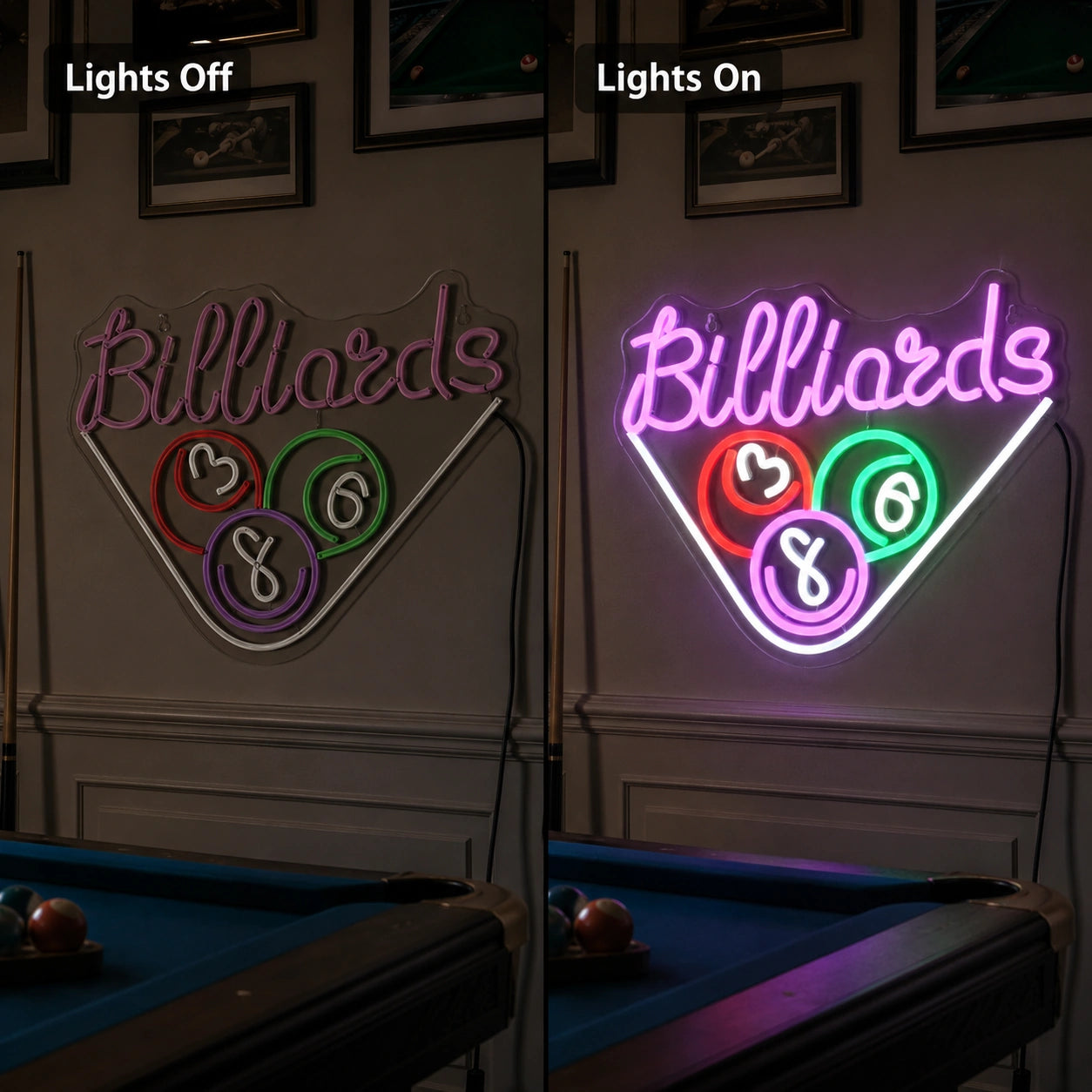 Triangle Billiards Rack Neon Sign LED Neon Sign day and night comparison