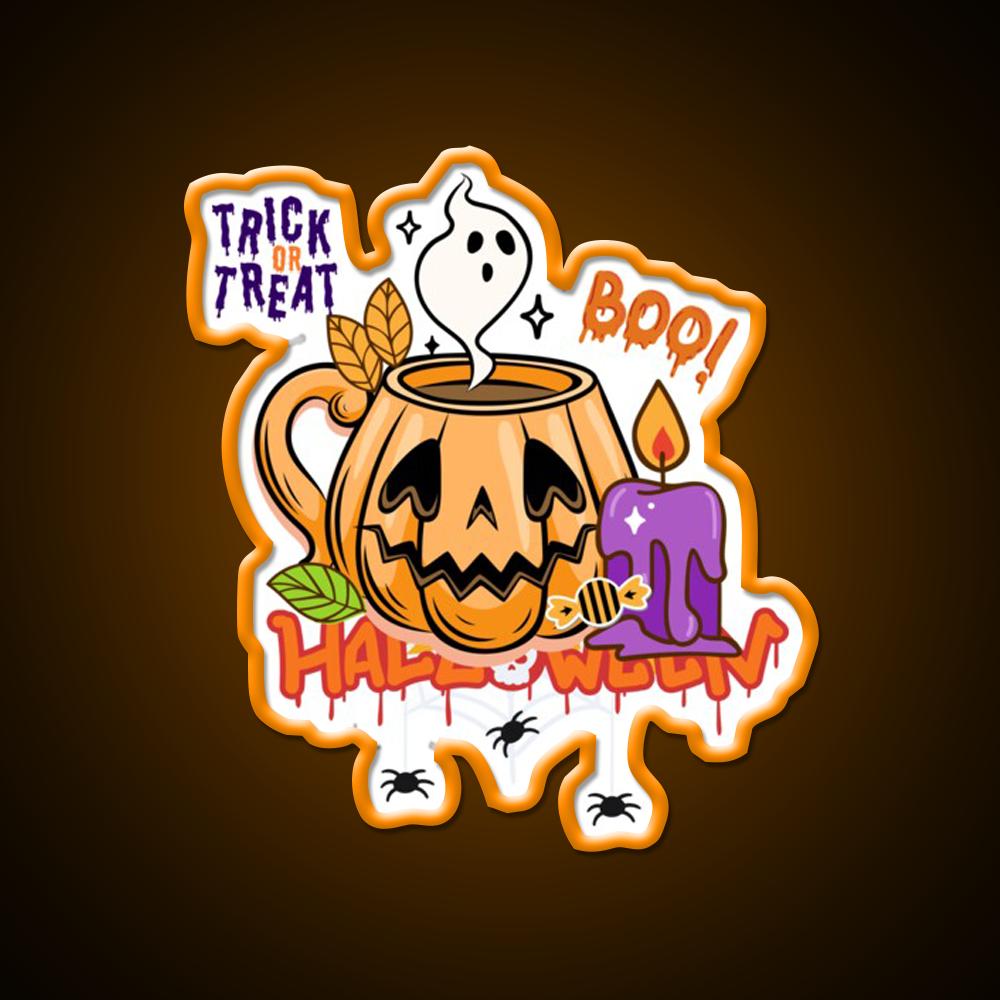 Trick Or Treat Pumpkin Coffee Mug Cafe Led Neon Sign Espresso Bar Art Rgb Color