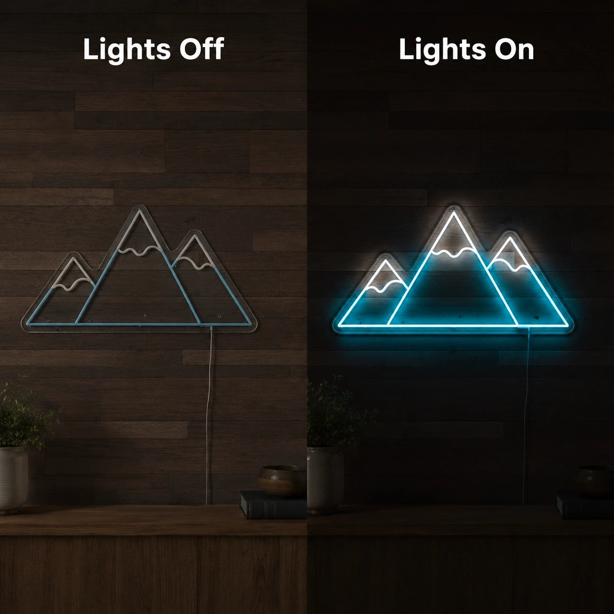 Triple Mountain Neon Sign LED Neon Sign day and night comparison