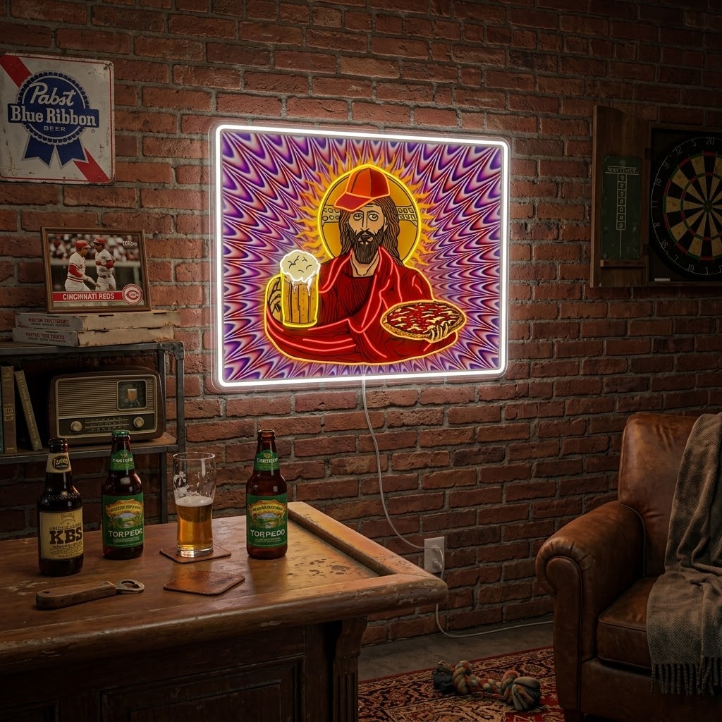 ShineNeon™ Trippy Jesus Beer And Pizza Party Neon Sign USB Power#color_white