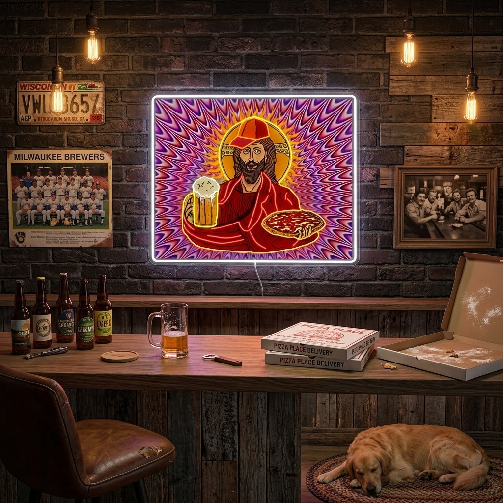 ShineNeon™ Trippy Jesus Beer And Pizza Party Neon Sign USB Power#color_white