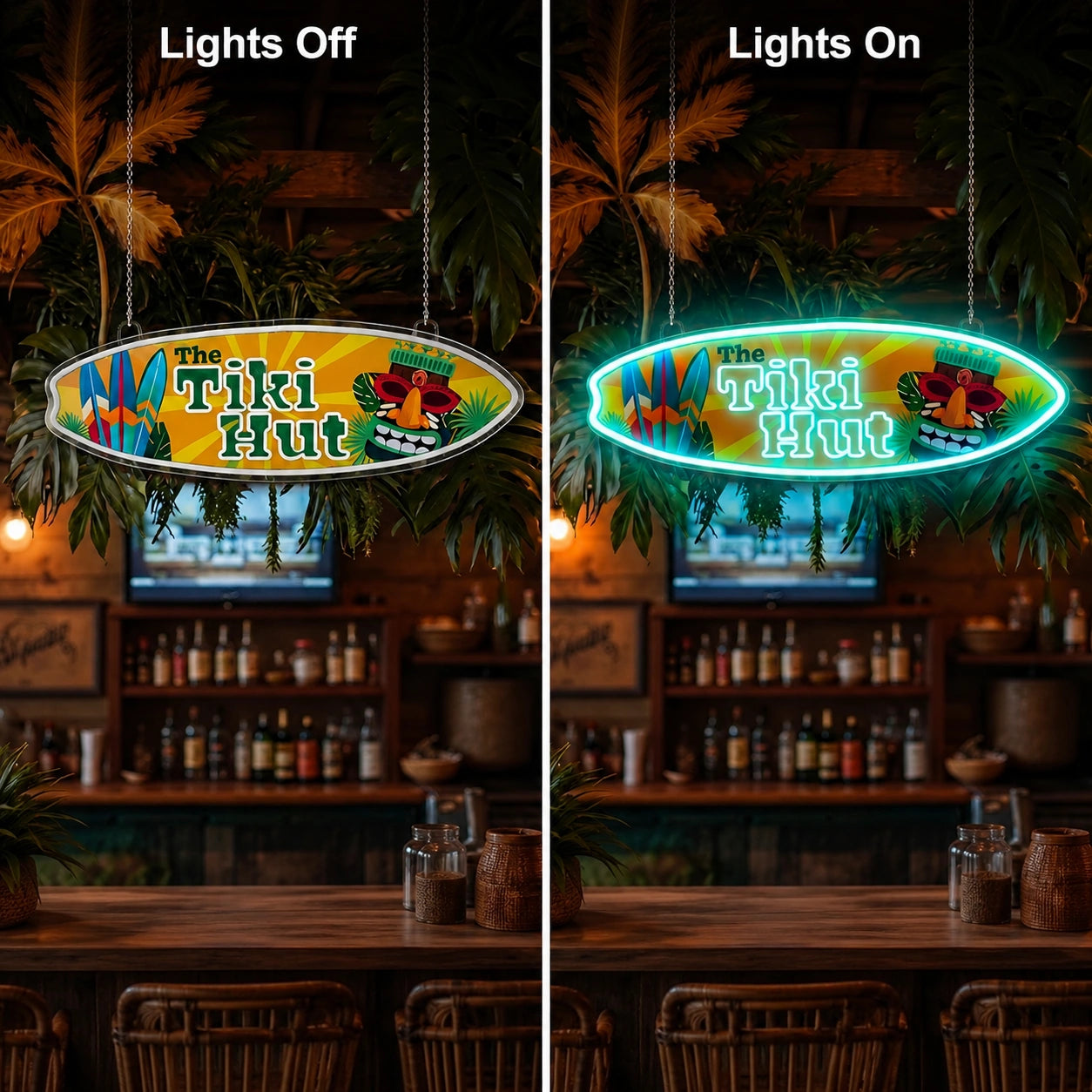 Tropical Bar Hanging Neon Sign LED Neon Sign day and night comparison