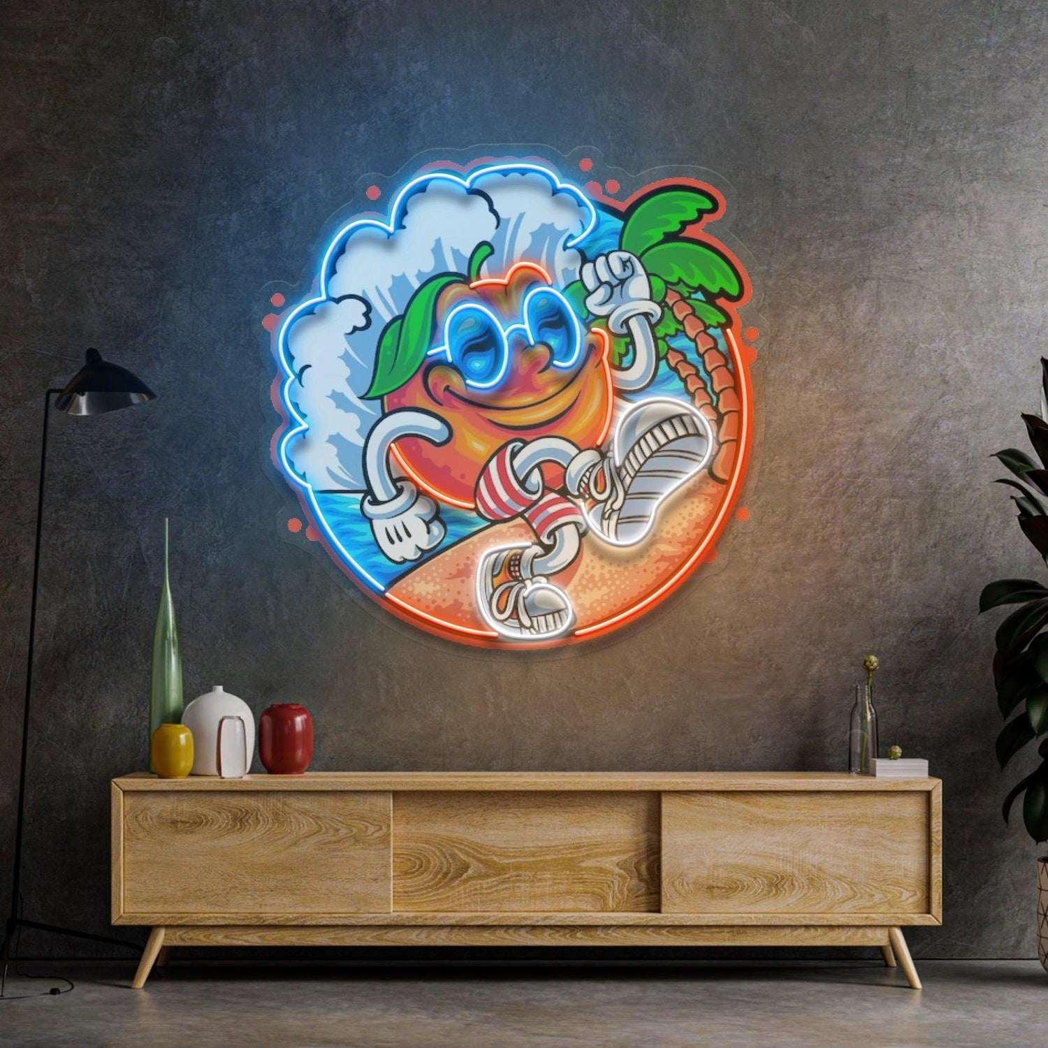 Tropical Orange Cartoon Surfing Fruit Uv Printed Led Neon Sign For Beach Home Decor | Shineneon