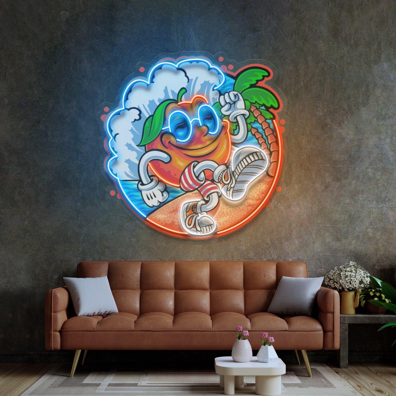 Tropical Orange Cartoon Surfing Fruit Uv Printed Led Neon Sign For Beach Home Decor | Shineneon
