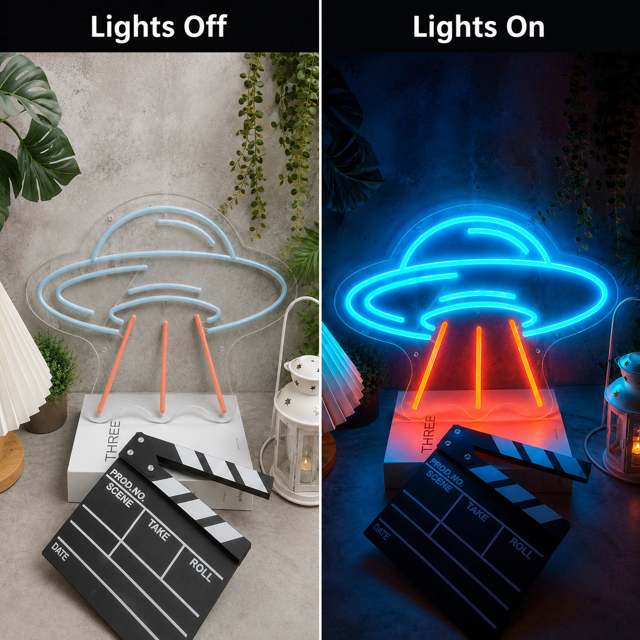 UFO Room Neon Sign LED Neon Sign day and night comparison