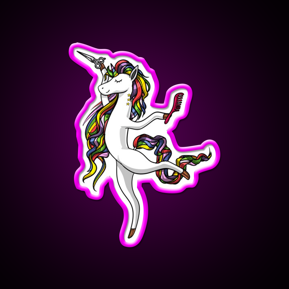Unicorn Hairdresser Hairstylist Barber Shop Haircut Led Neon Sign - Neon sign mounted on wall in room