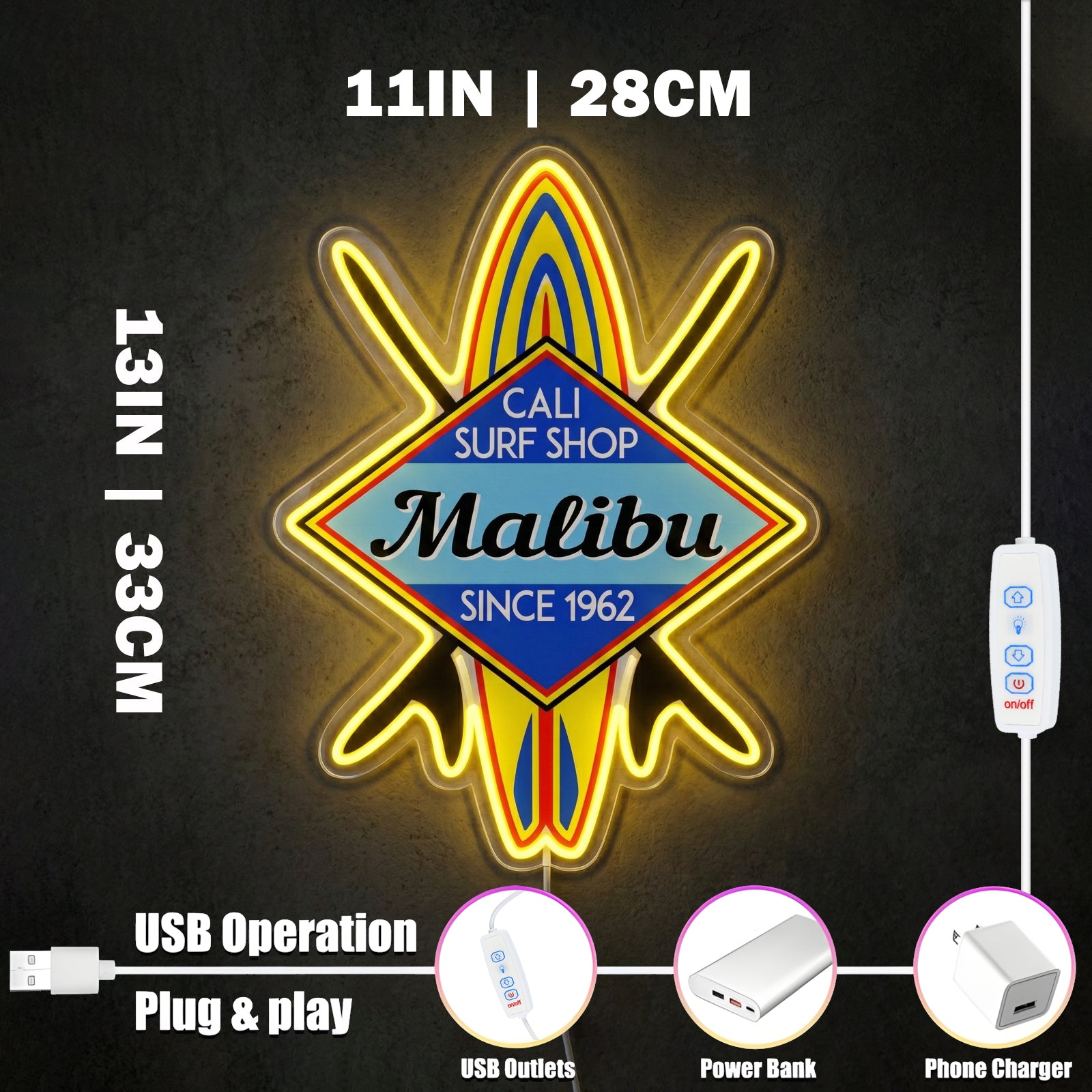 ShineNeon™ Malibu Cali Surf Shop LED Neon Sign - Retro Beach Vibe Wall Decor (USB Powered)