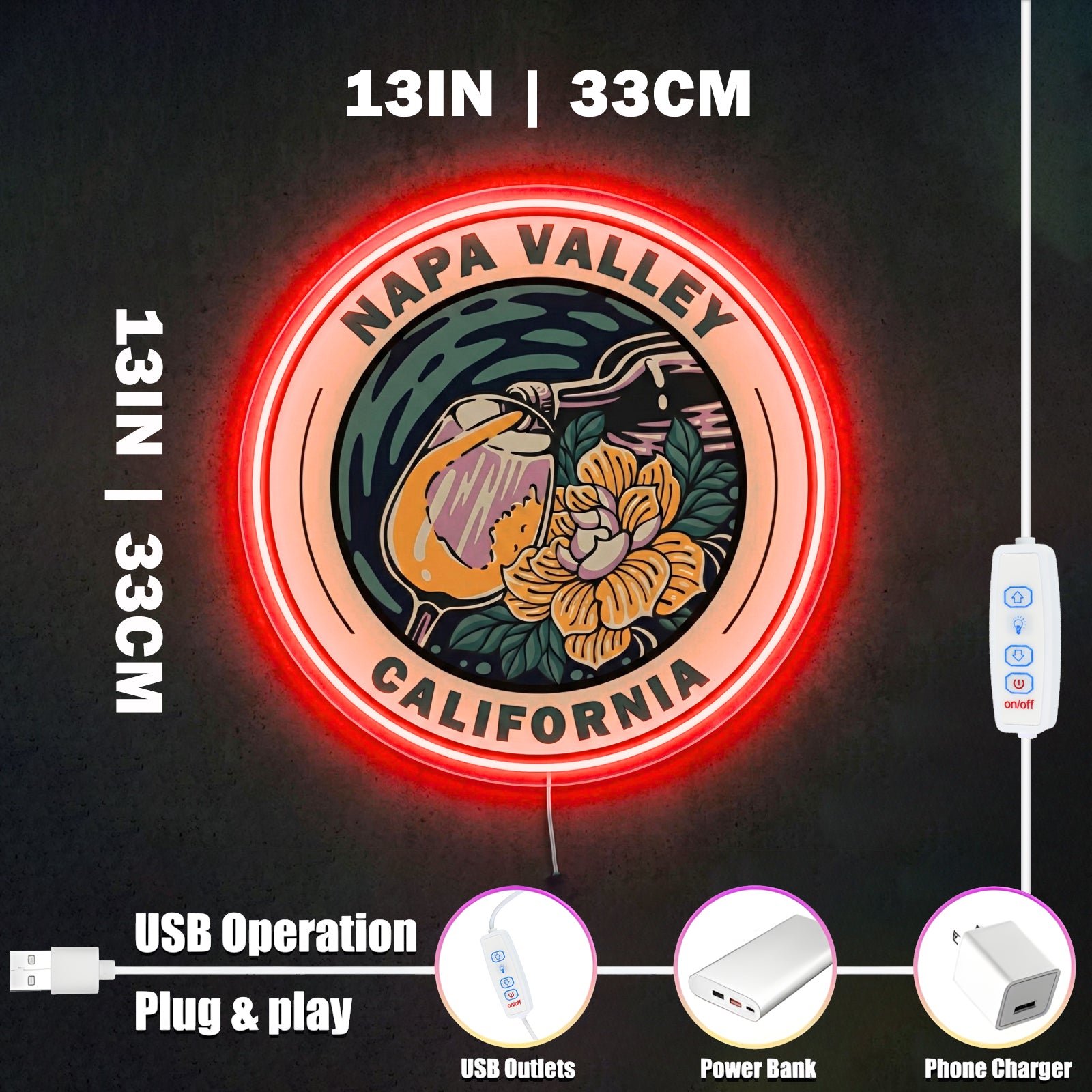 ShineNeon™ Napa Valley Wine Art LED Neon Sign - California Vineyard Wall Decor USB Powered