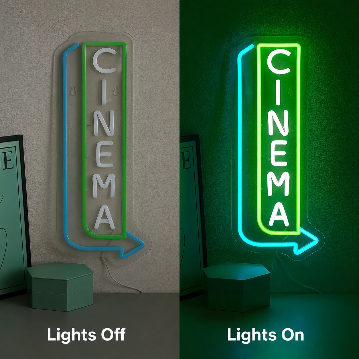 Vertical Cinema Arrow Neon Sign LED Neon Sign day and night comparison