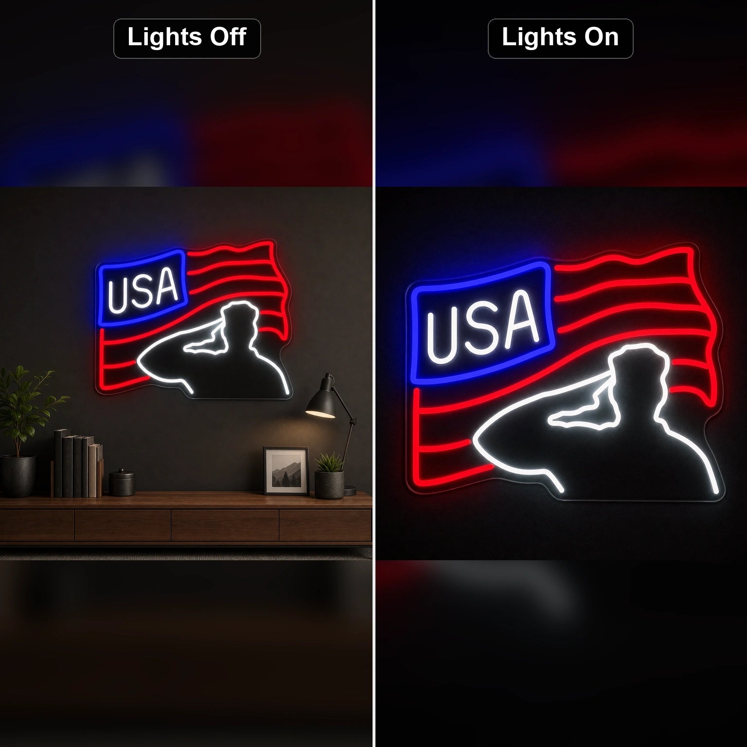Veterans Day USA Flag LED Neon Sign day and night comparison
