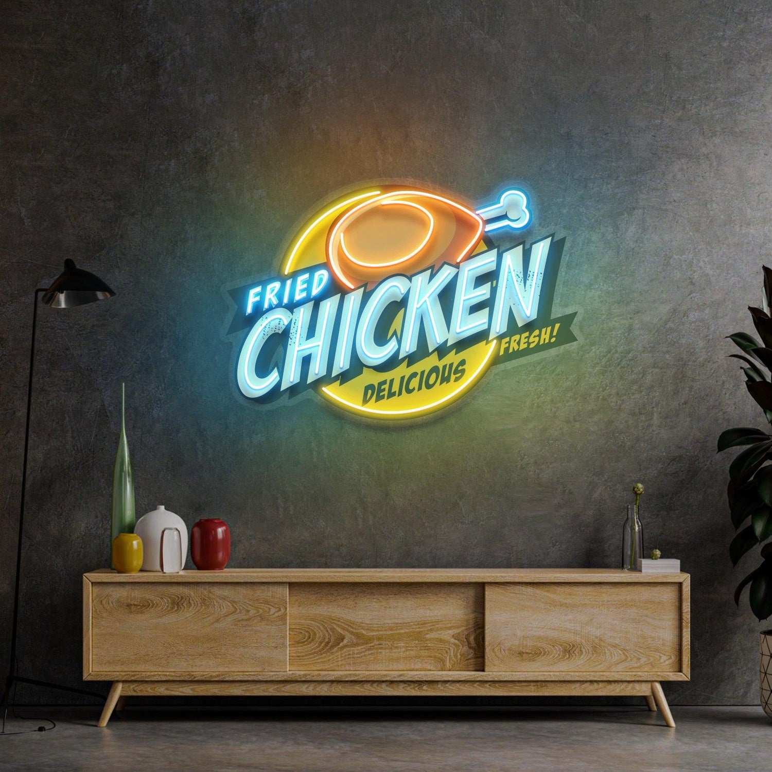 Vibrant Blue-Yellow-Orange Fried Chicken Uv Printed Led Neon Sign For Restaurant Wall Decor | Shineneon