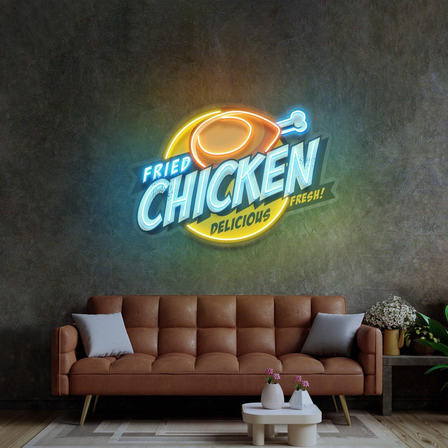 Vibrant Blue-Yellow-Orange Fried Chicken Uv Printed Led Neon Sign For Restaurant Wall Decor | Shineneon