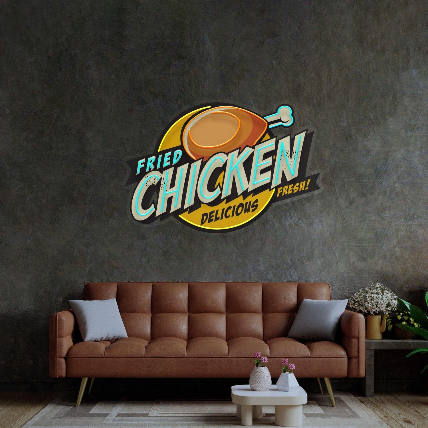 Vibrant Blue-Yellow-Orange Fried Chicken Uv Printed Led Neon Sign For Restaurant Wall Decor | Shineneon