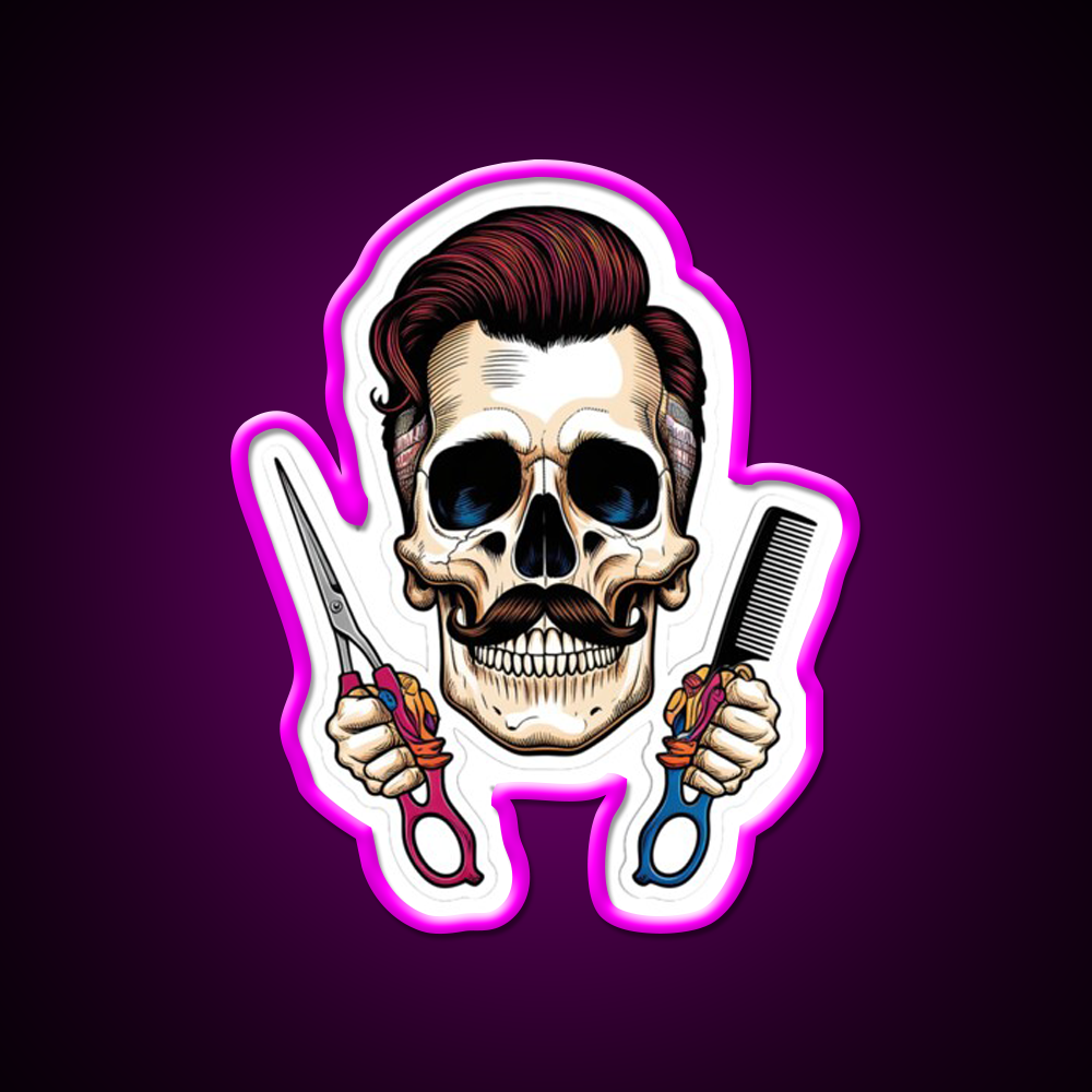 Vintage Barber Skull Pop Art Design Barber Shop Haircut Led Neon Sign - Neon sign mounted on wall in room