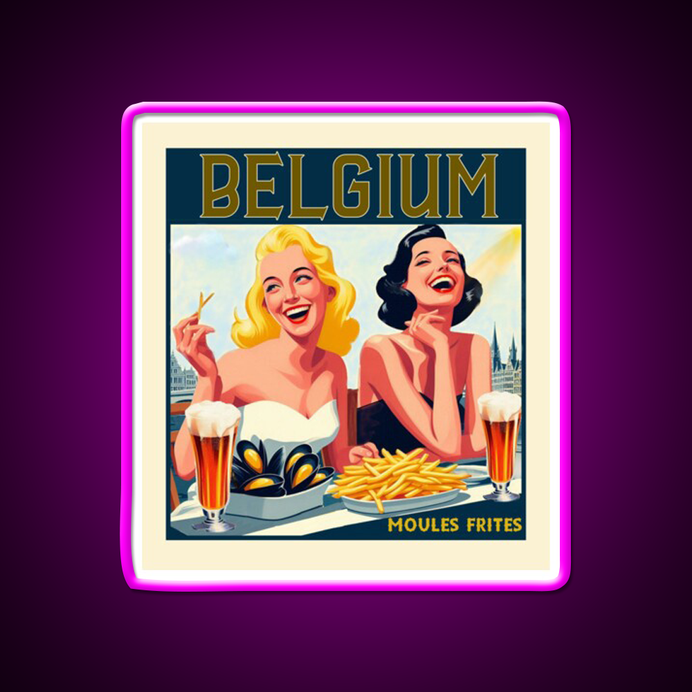 Vintage Belgium Moules Frites Beer Bar Decor Led Neon Sign Rgb Color - Neon sign mounted on wall in room