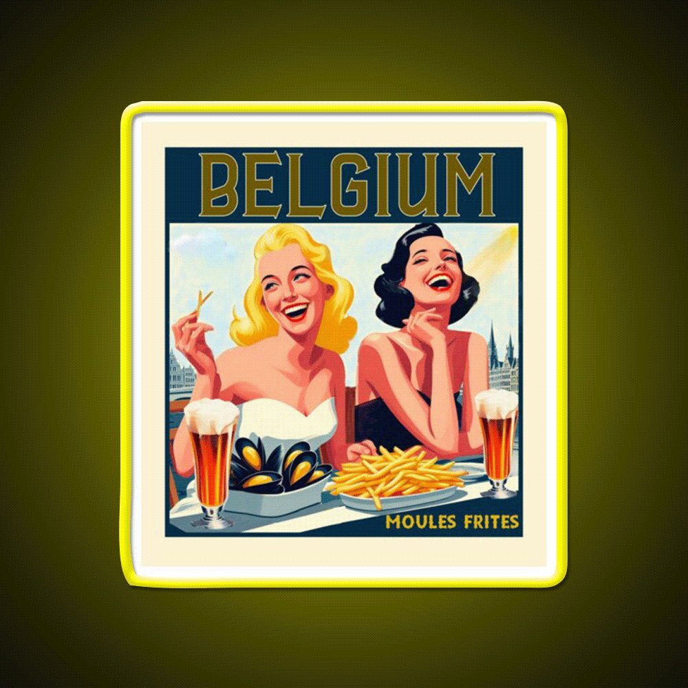 Vintage Belgium Moules Frites Beer Bar Decor Led Neon Sign Rgb Color - Custom LED neon sign front view