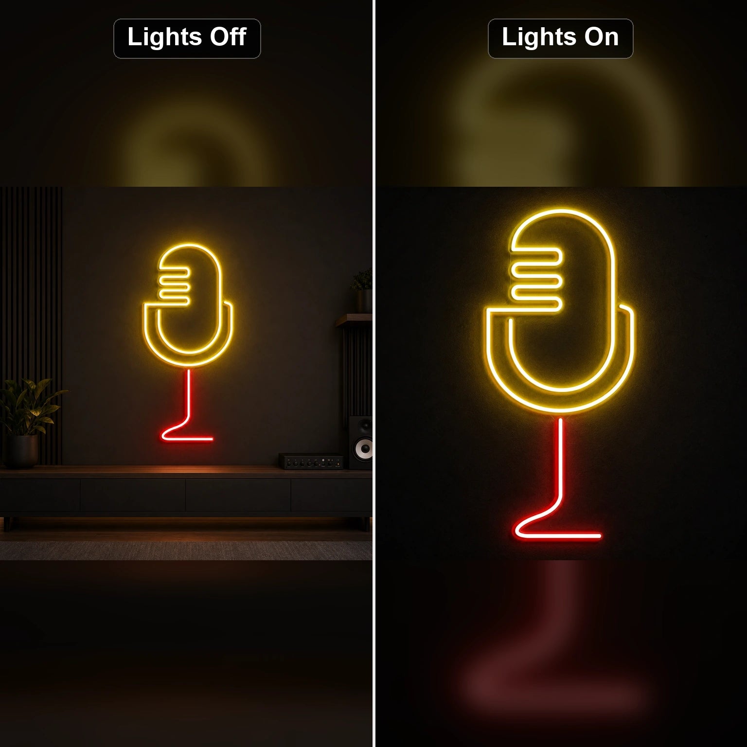 Vintage Broadcast Microphone Stand LED Neon Sign day and night comparison