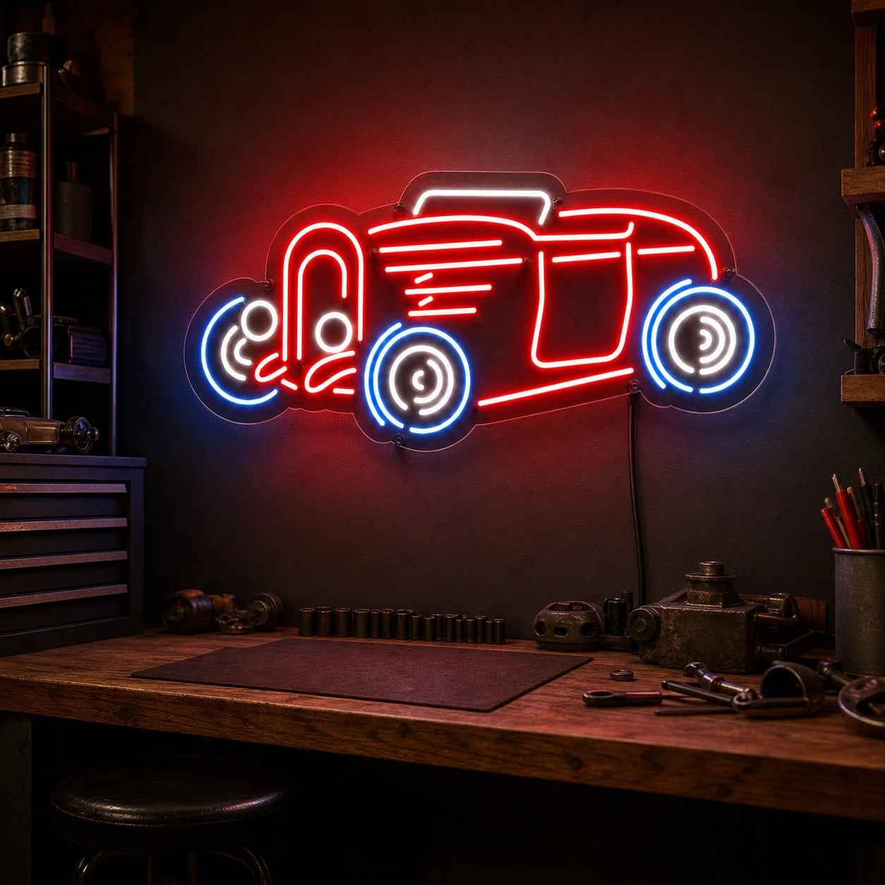 Vintage Hot Rod Side Profile LED Neon Sign real lifestyle scene