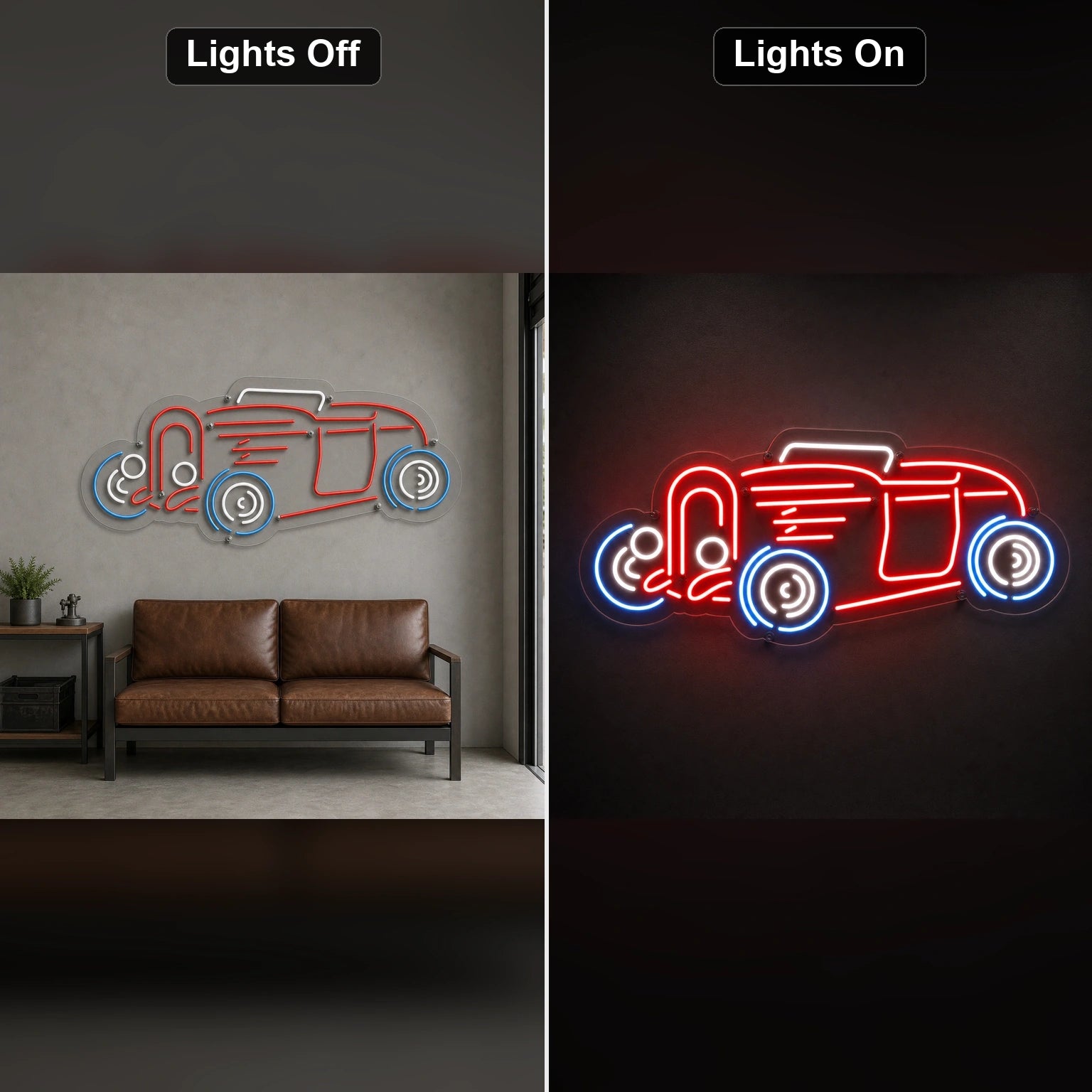 Vintage Hot Rod Side Profile LED Neon Sign day and night comparison