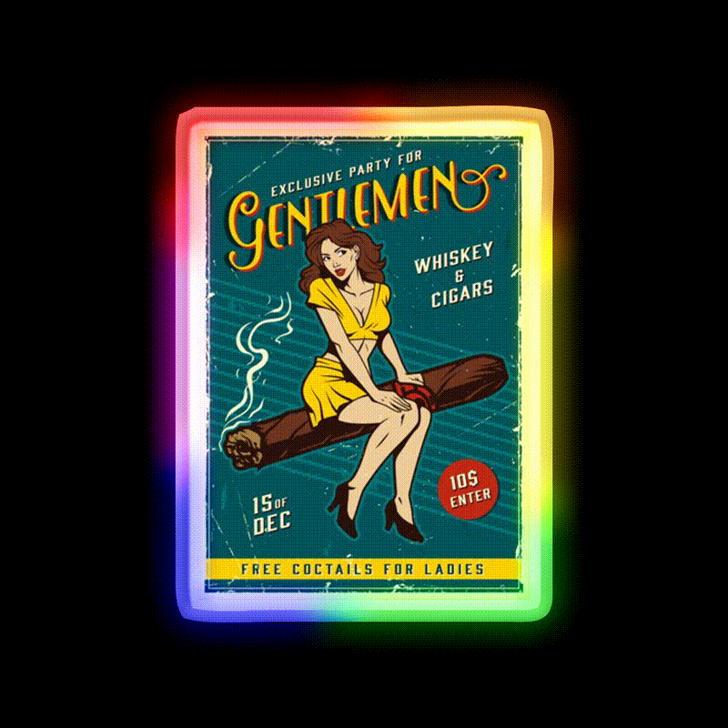 Vintage Poster Gentlemens Party Whiskey Drink Bar Led Neon Sign Rgb Color