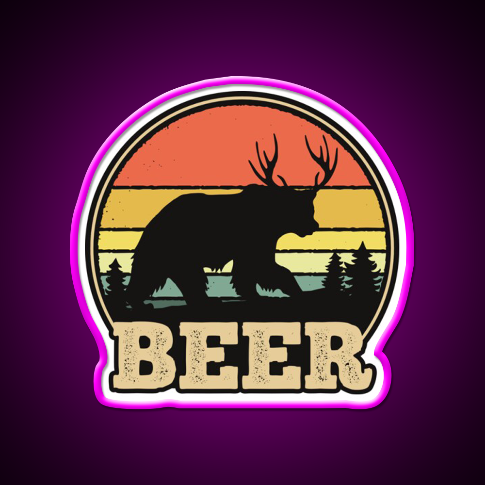 Vintage Sunset Beer Bear Plus Deer Beer Bar Decor Led Neon Sign Rgb Color - Neon sign mounted on wall in room