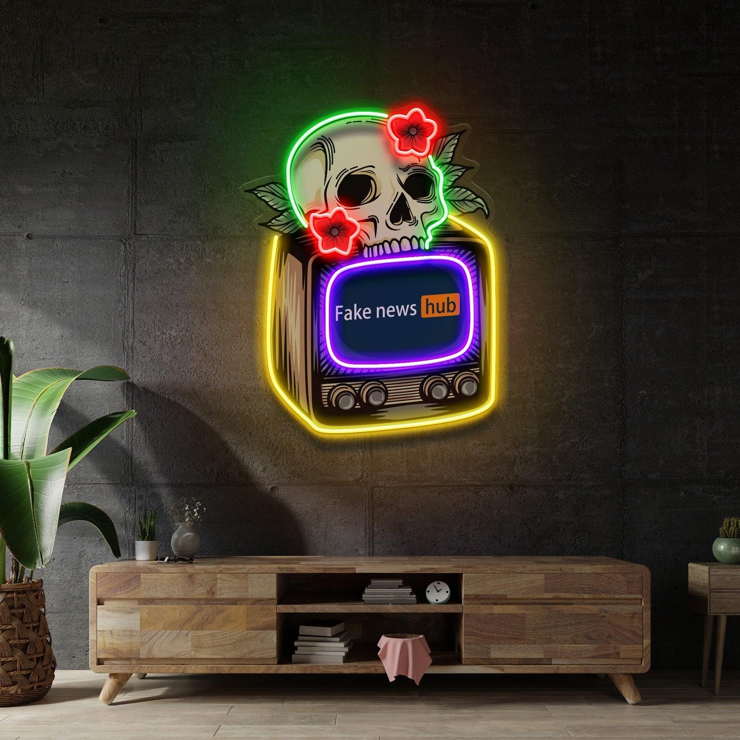 Vintage Tv Skull Fake News Uv Printed Led Neon Sign For Home Cafe Wall Decor | Shineneon